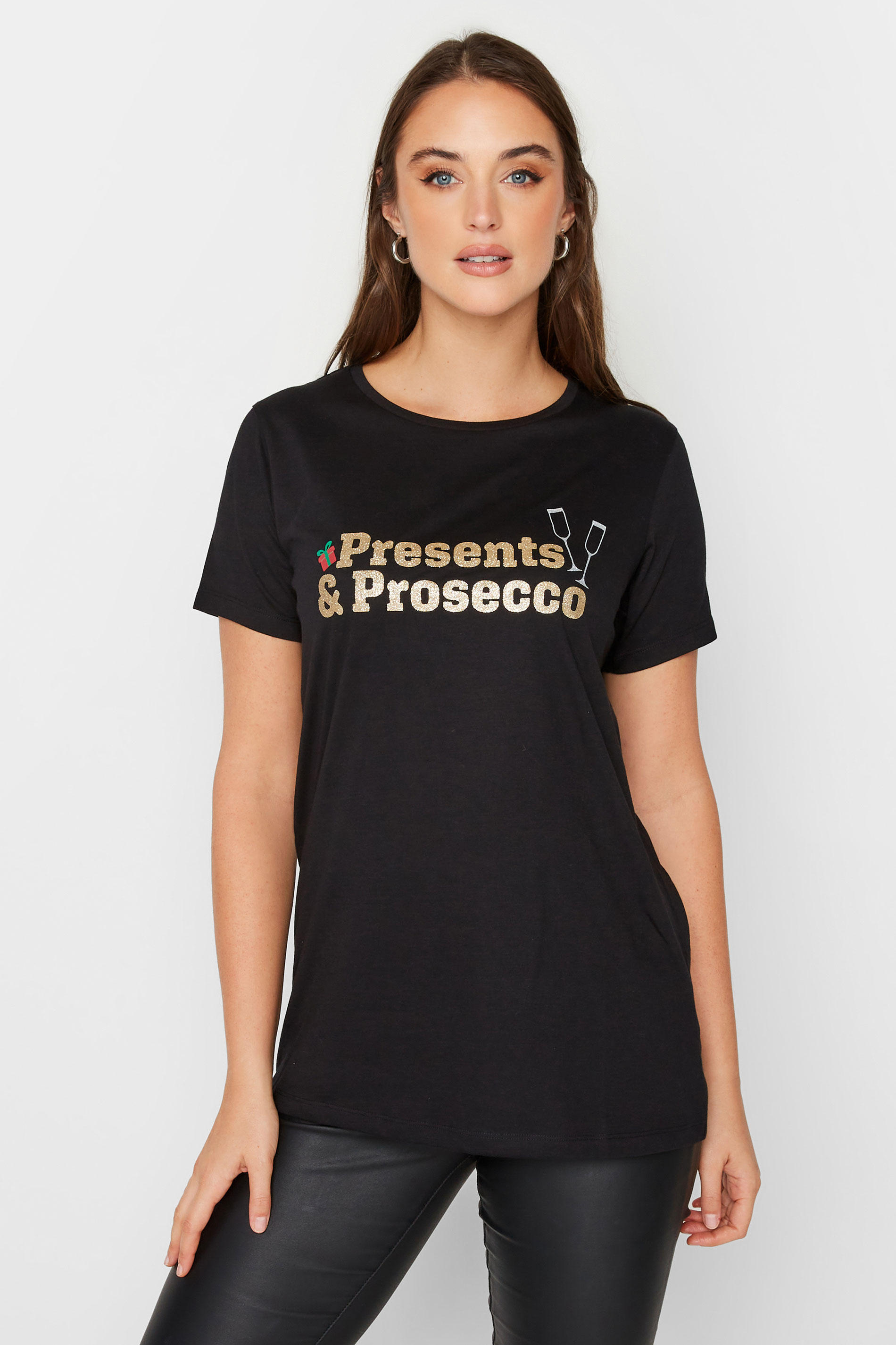 LTS Tall Black 'Presents & Prosecco' Christmas T-Shirt | Long Tall Sally 1