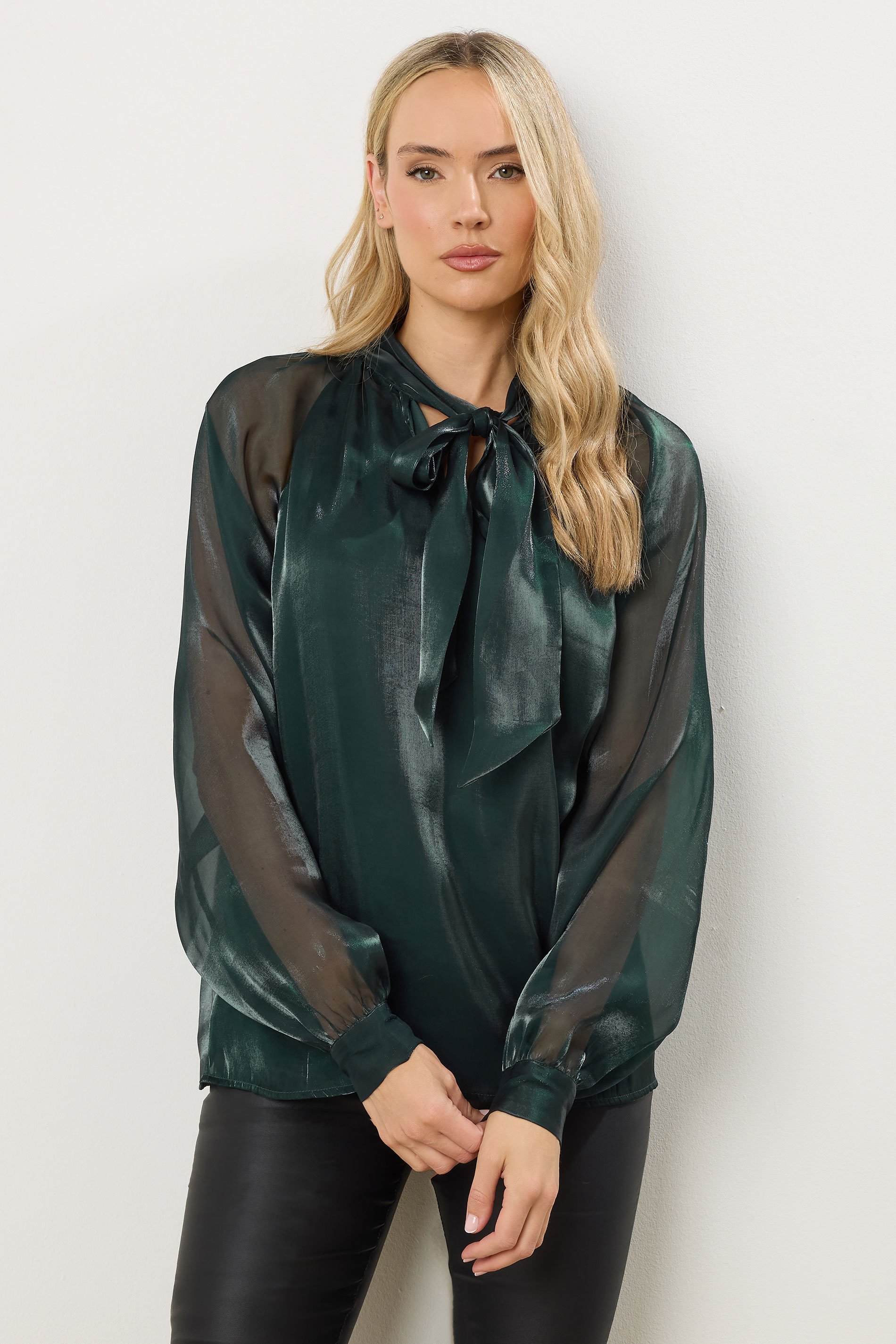 LTS Tall Dark Green Organza Tie Neck Blouse | Long Tall Sally 2