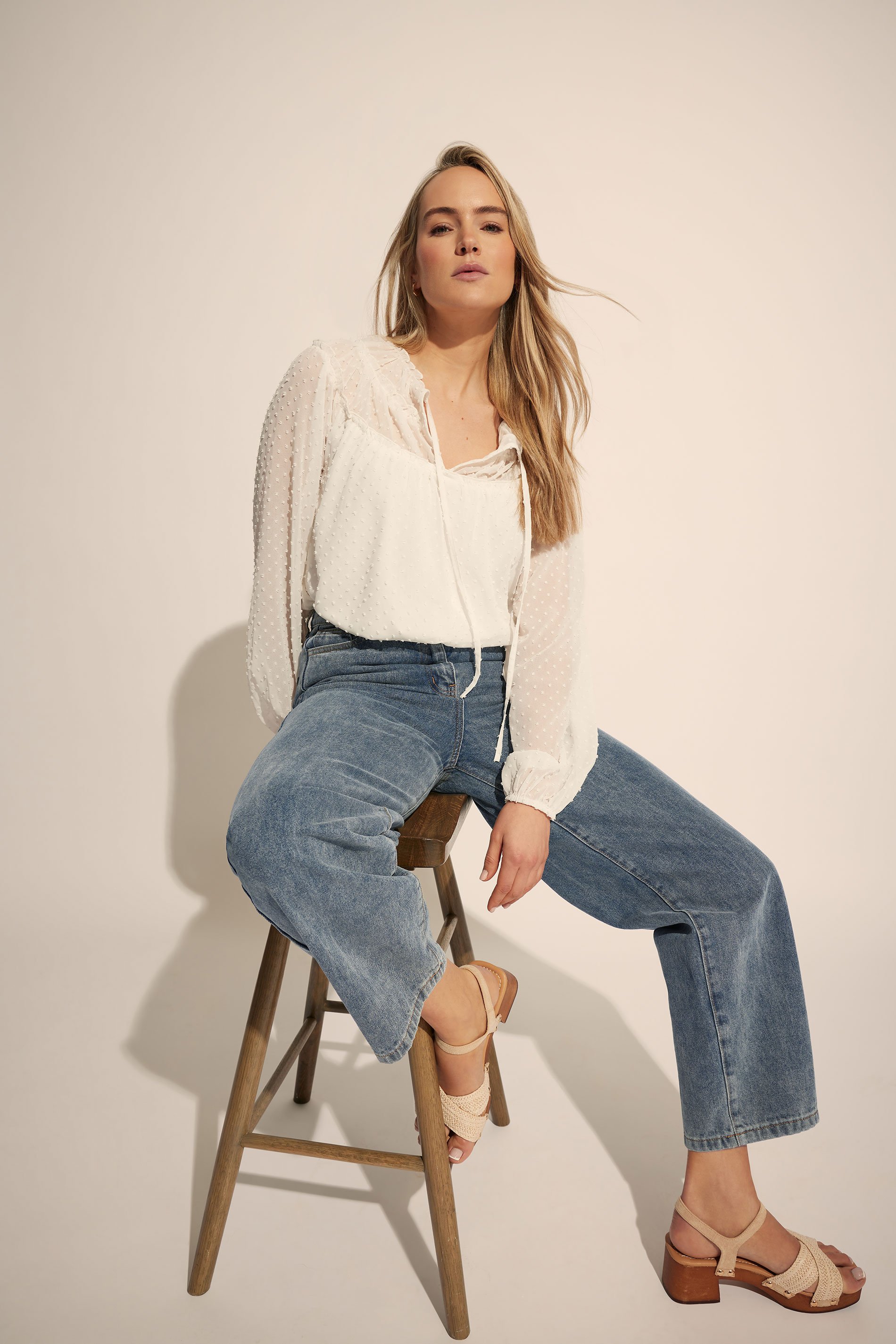 LTS Tall Ivory White Sheer Dobby Tie Neck Blouse | Long Tall Sally 2