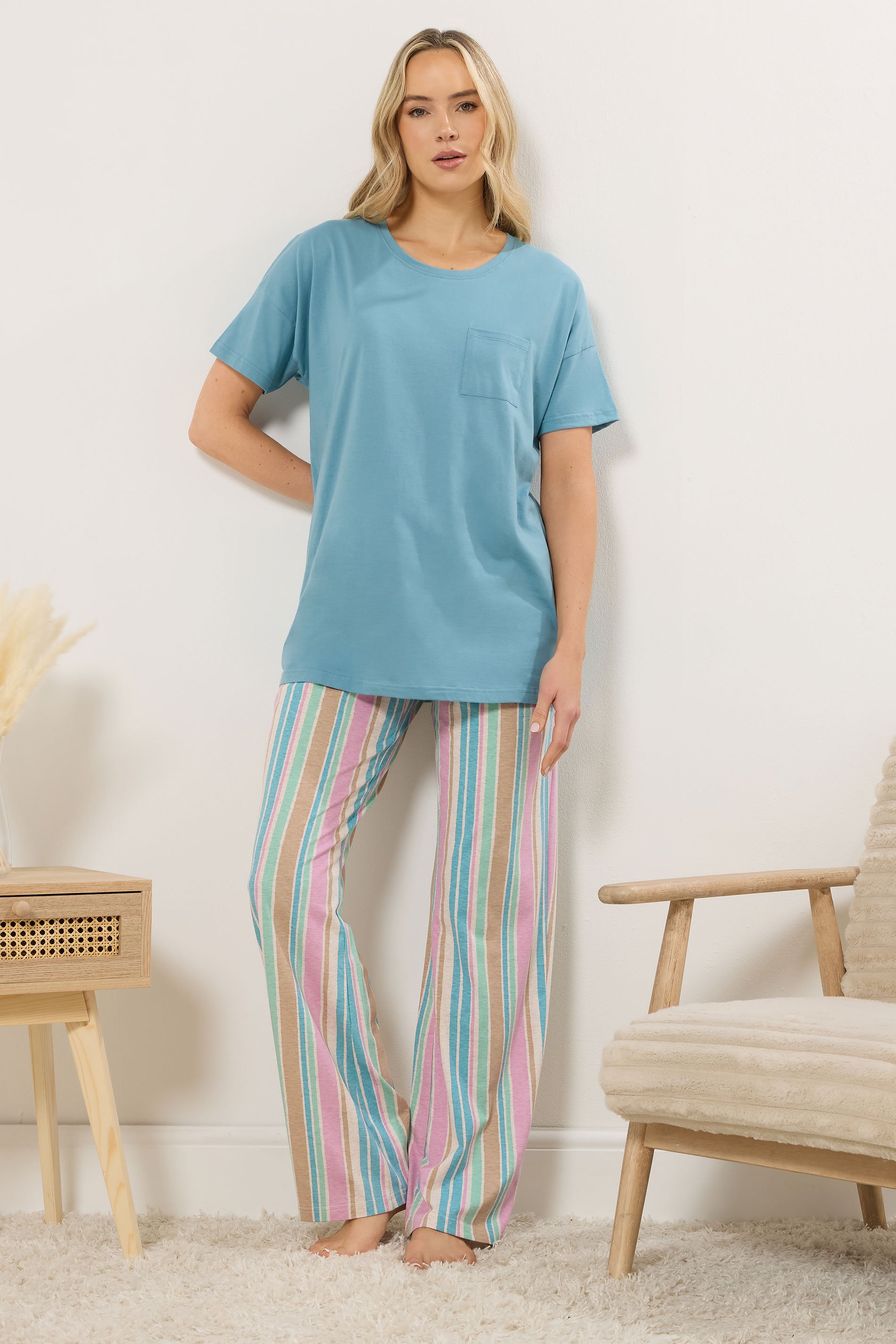 LTS Tall Women's Teal Blue Striped Wide Leg Pyjama Set | Long Tall Sally 1