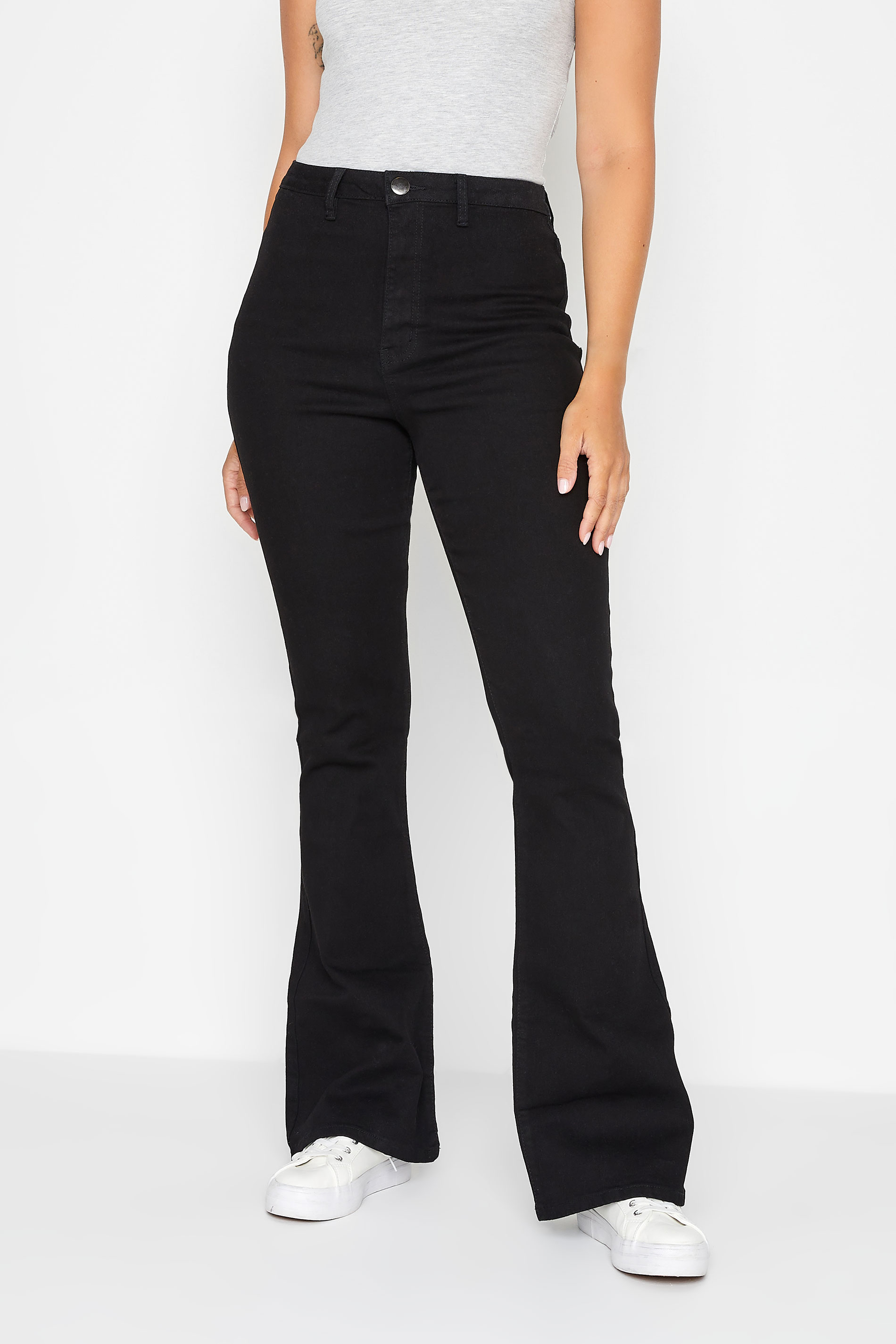 Don't Think Twice Tall DTT Tall flare leg jeans with folded waist in washed  black 