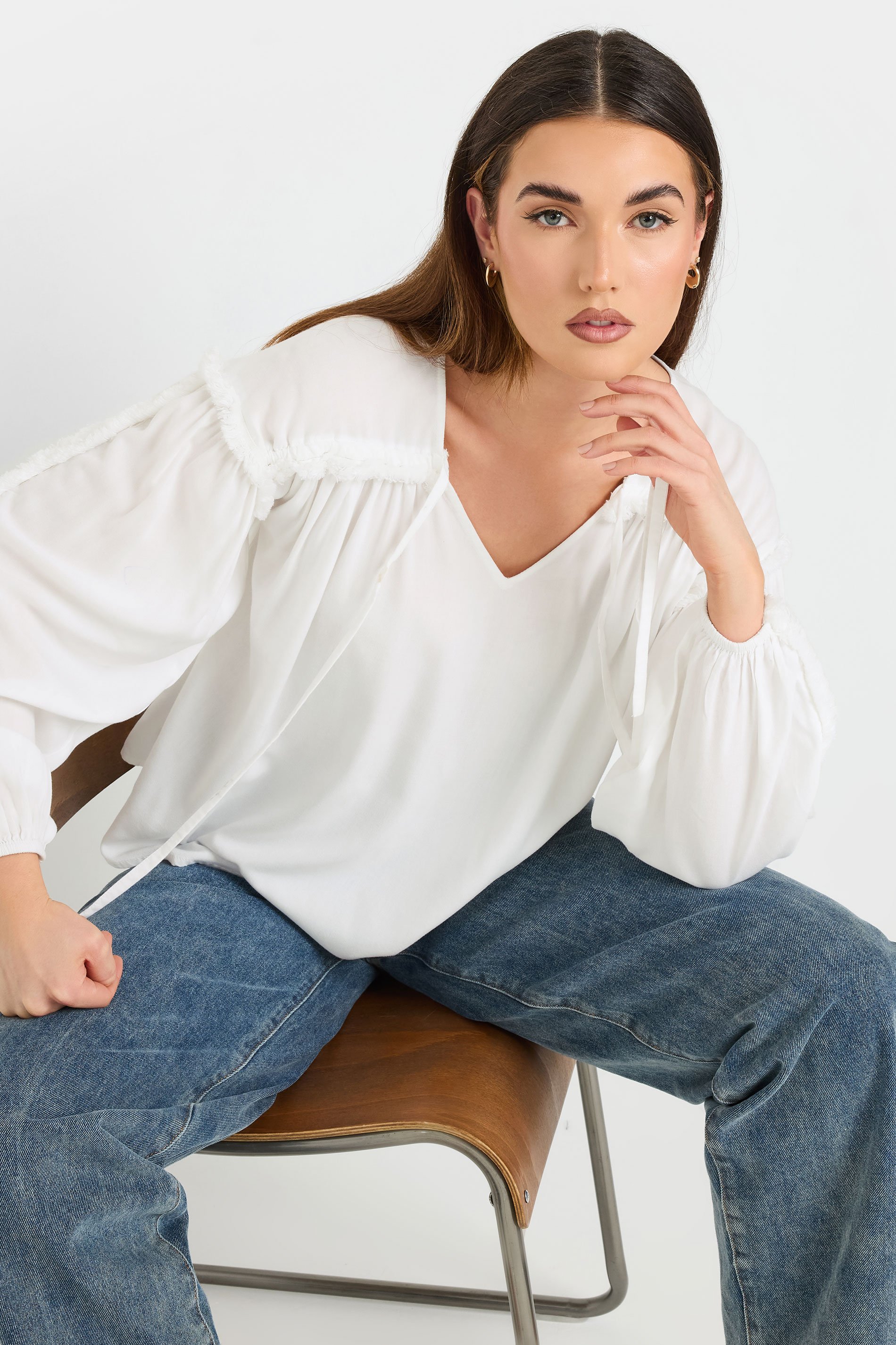 LTS Tall Ivory White Fringed Seam Tie Neck Blouse | Long Tall Sally 1