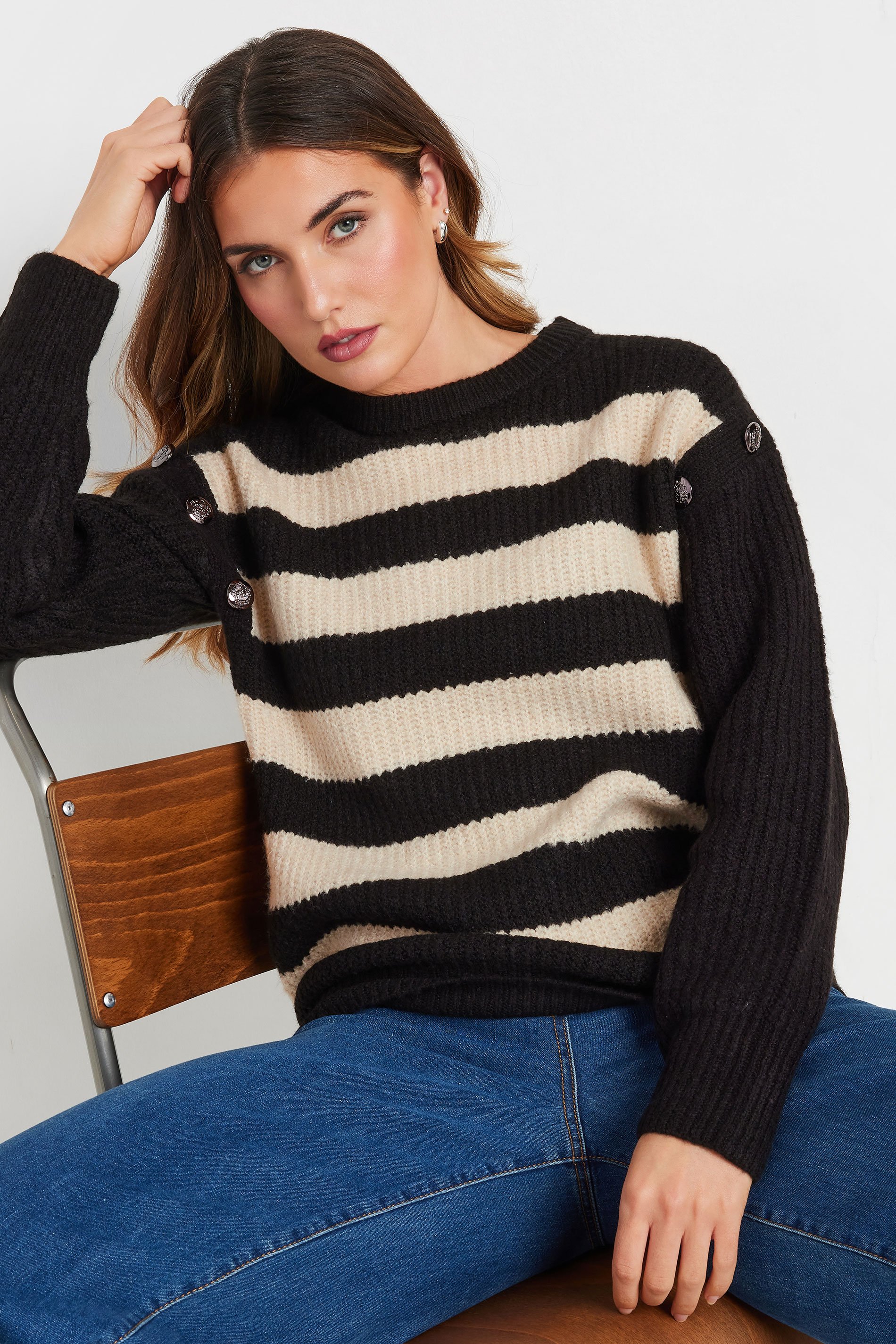 LTS Tall Black Knitted Striped Button Jumper | Long Tall Sally 1