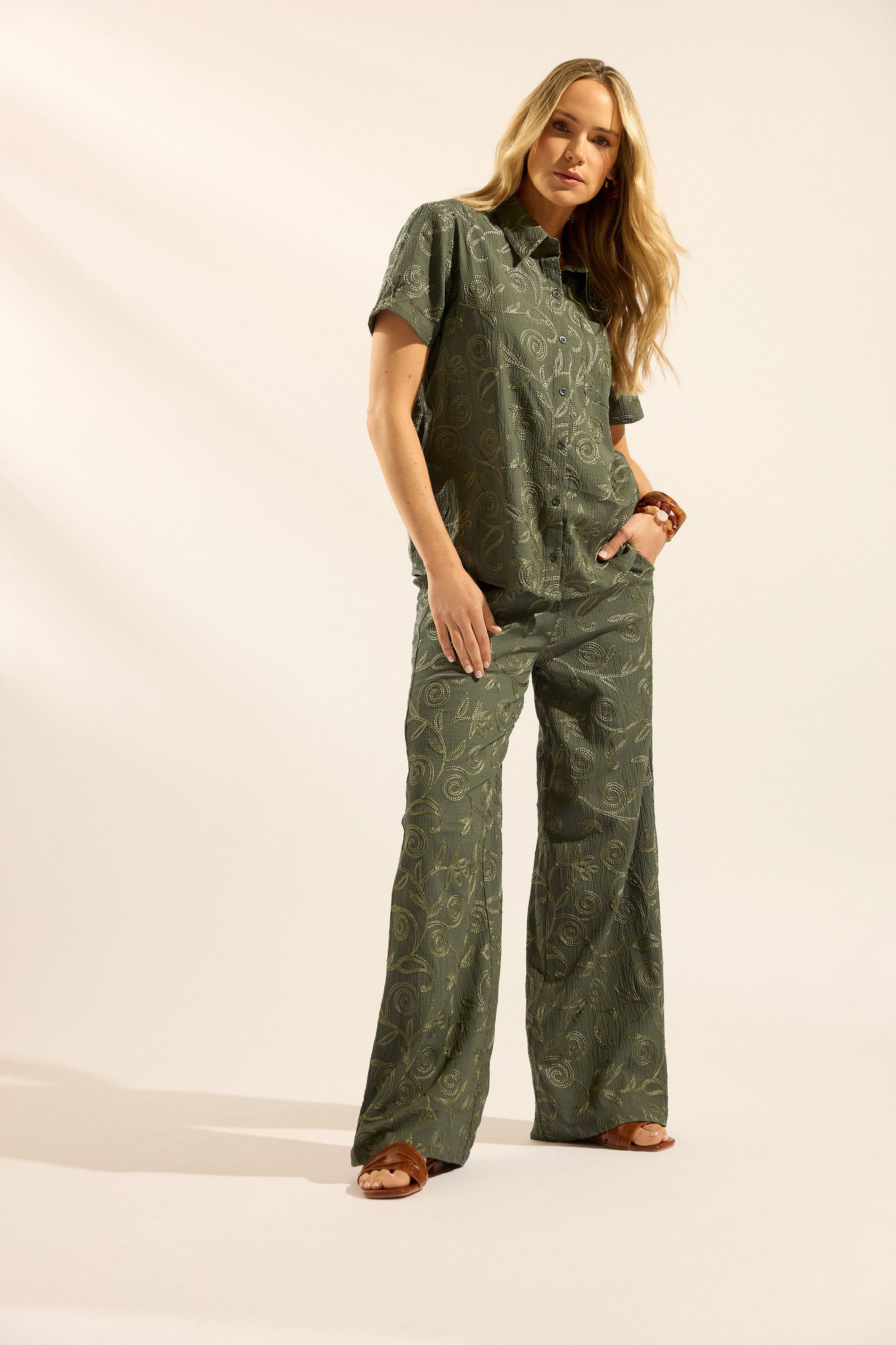 LTS Tall Women's Olive Green Floral Embroidered Wide Leg Trousers | Long Tall Sally 3