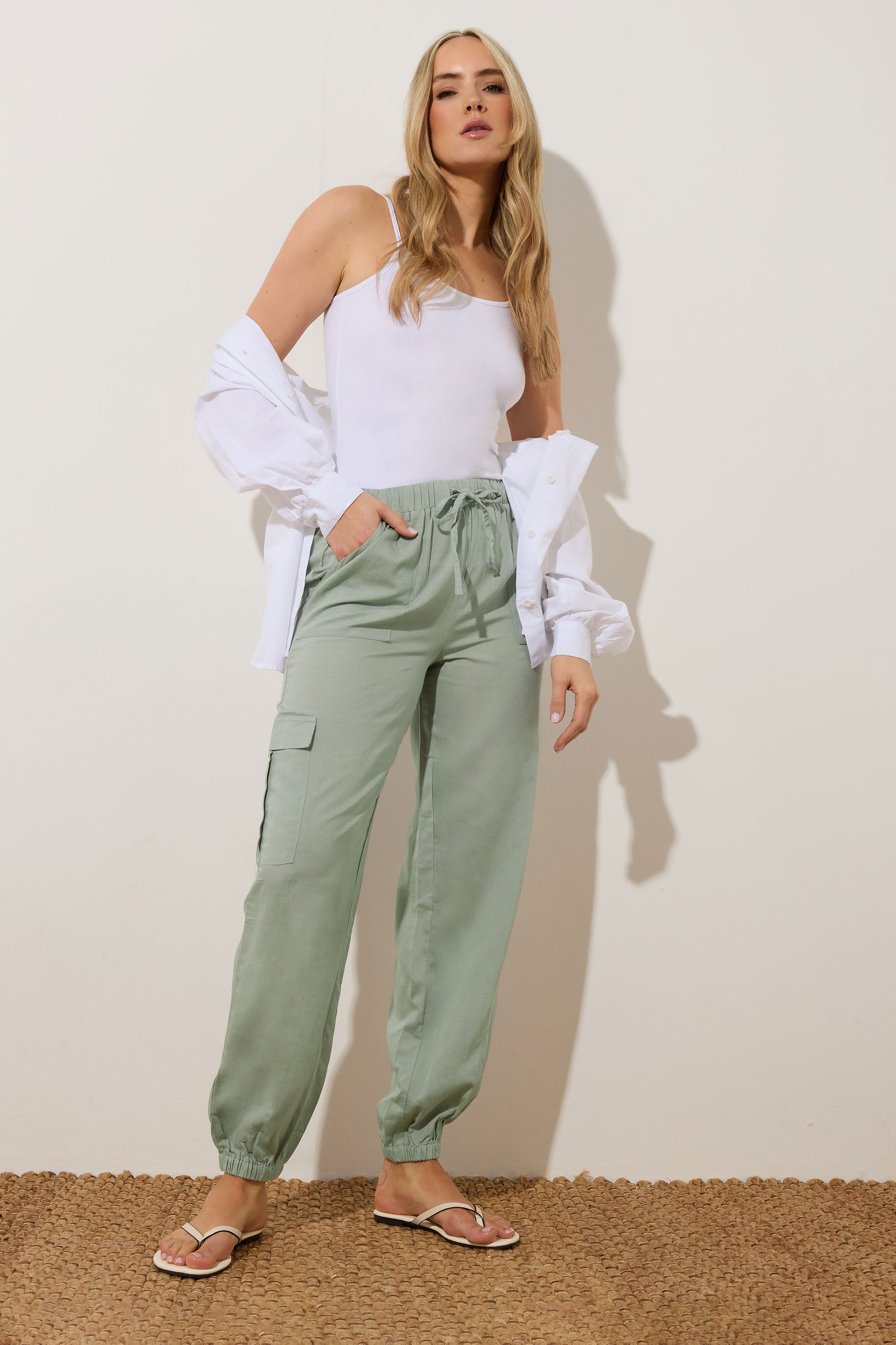 LTS Tall Sage Green Linen Cargo Trousers | Long Tall Sally 1