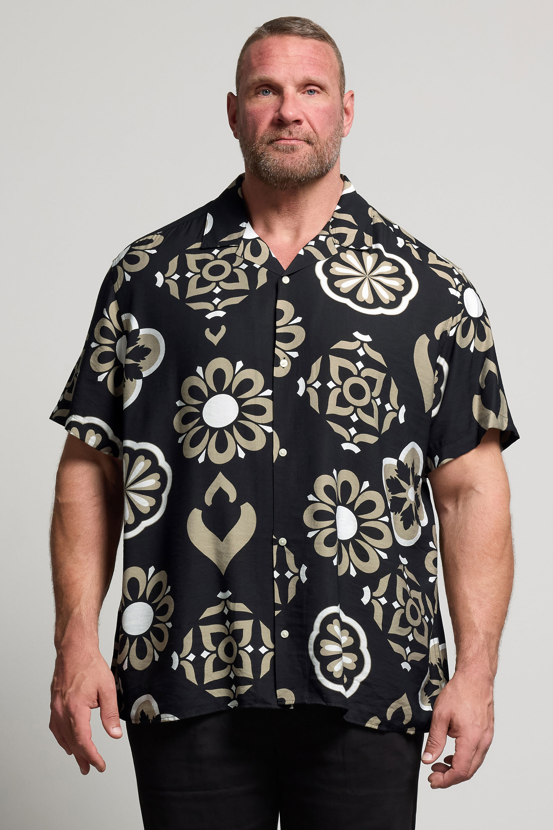 JACK & JONES Big & Tall Black Printed Resort Shirt | BadRhino 1