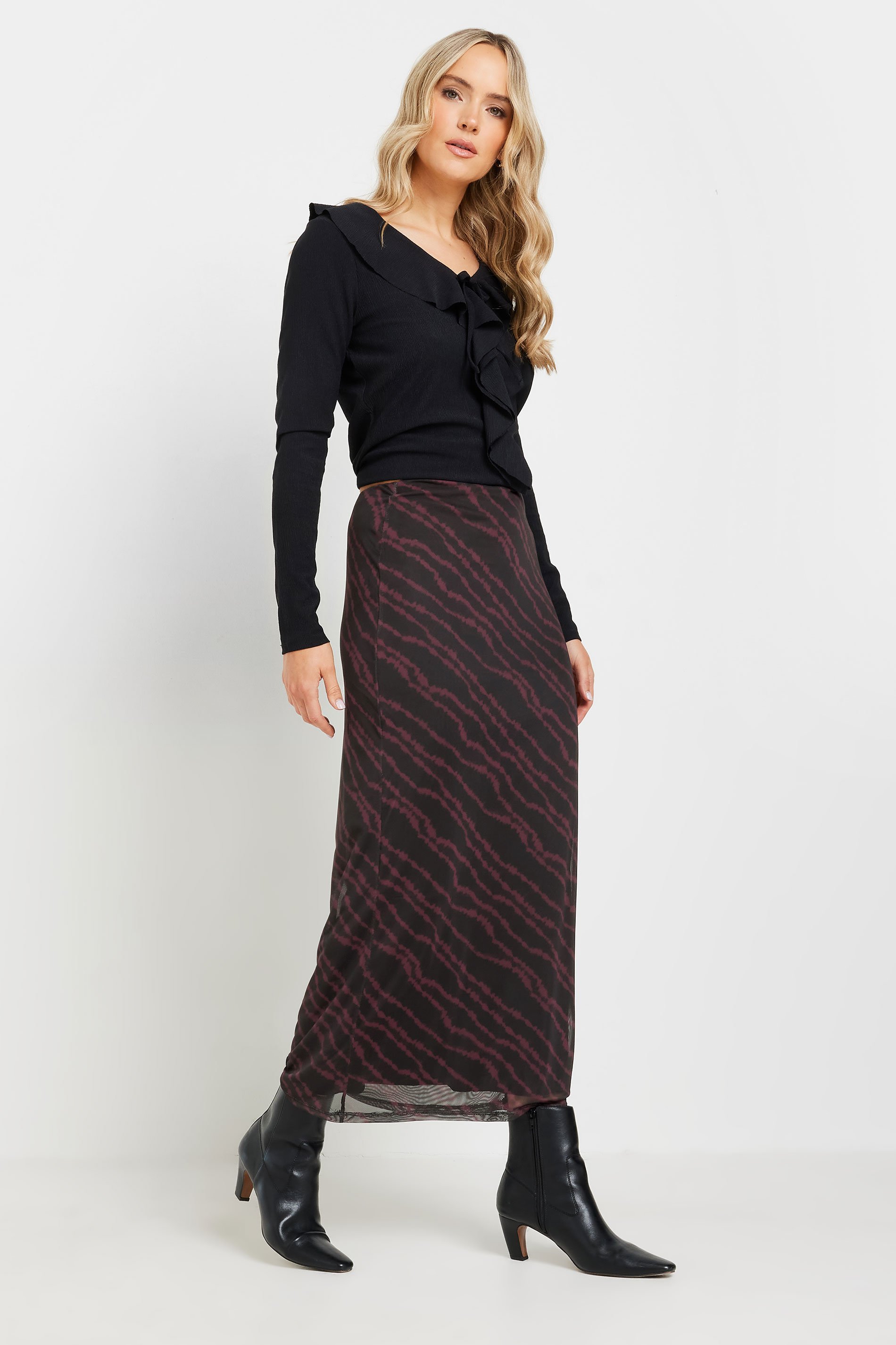 LTS Tall Burgundy Red Mesh Abstract Maxi Skirt | Long Tall Sally 1