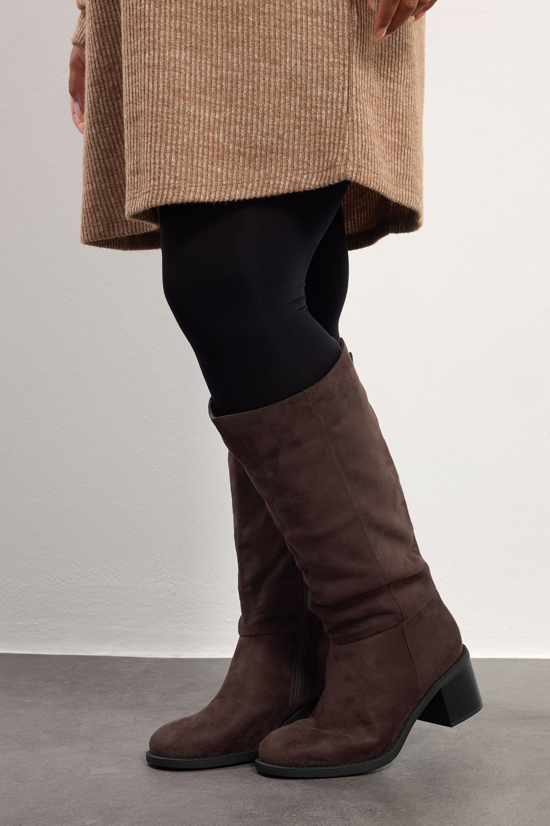 Chocolate Brown Block Heel Knee High Boots In Extra Wide EEE Fit | Yours Clothing 1