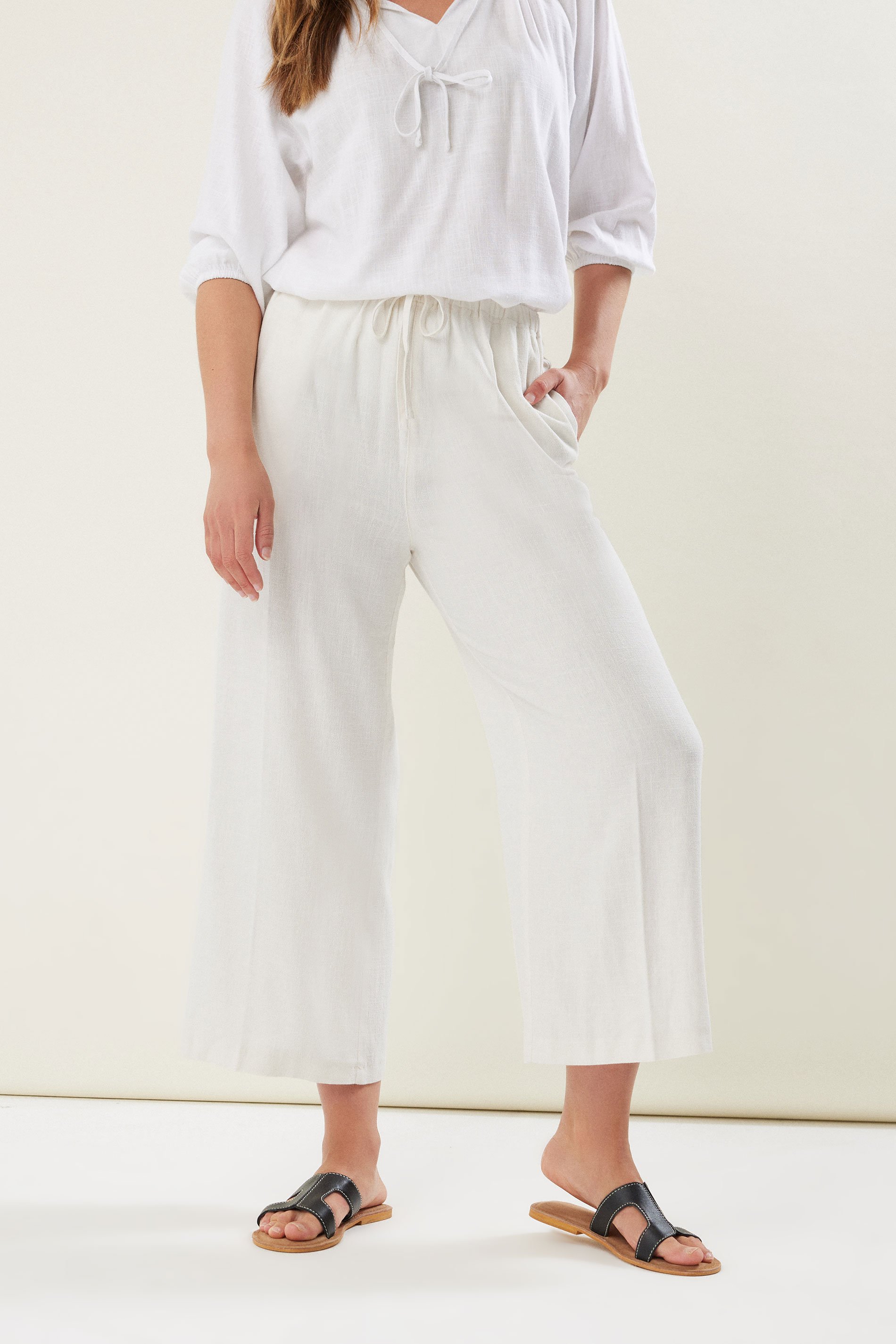 LTS Tall Women's White Linen Tie Waist Cropped Trousers | Long Tall Sally  1