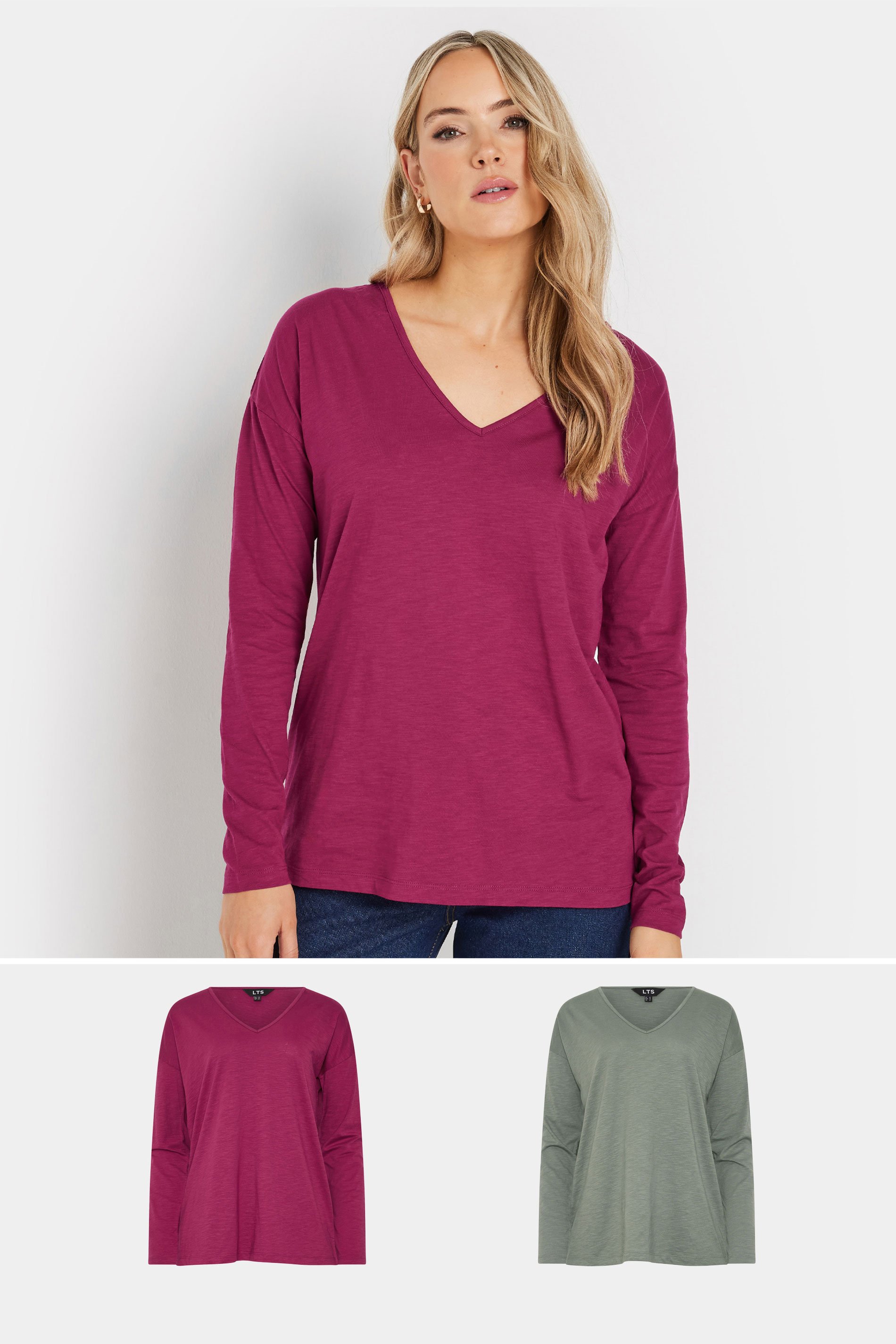 LTS Tall 2 PACK Berry Pink & Grey Long Sleeve T-Shirts | Long Tall Sally 1