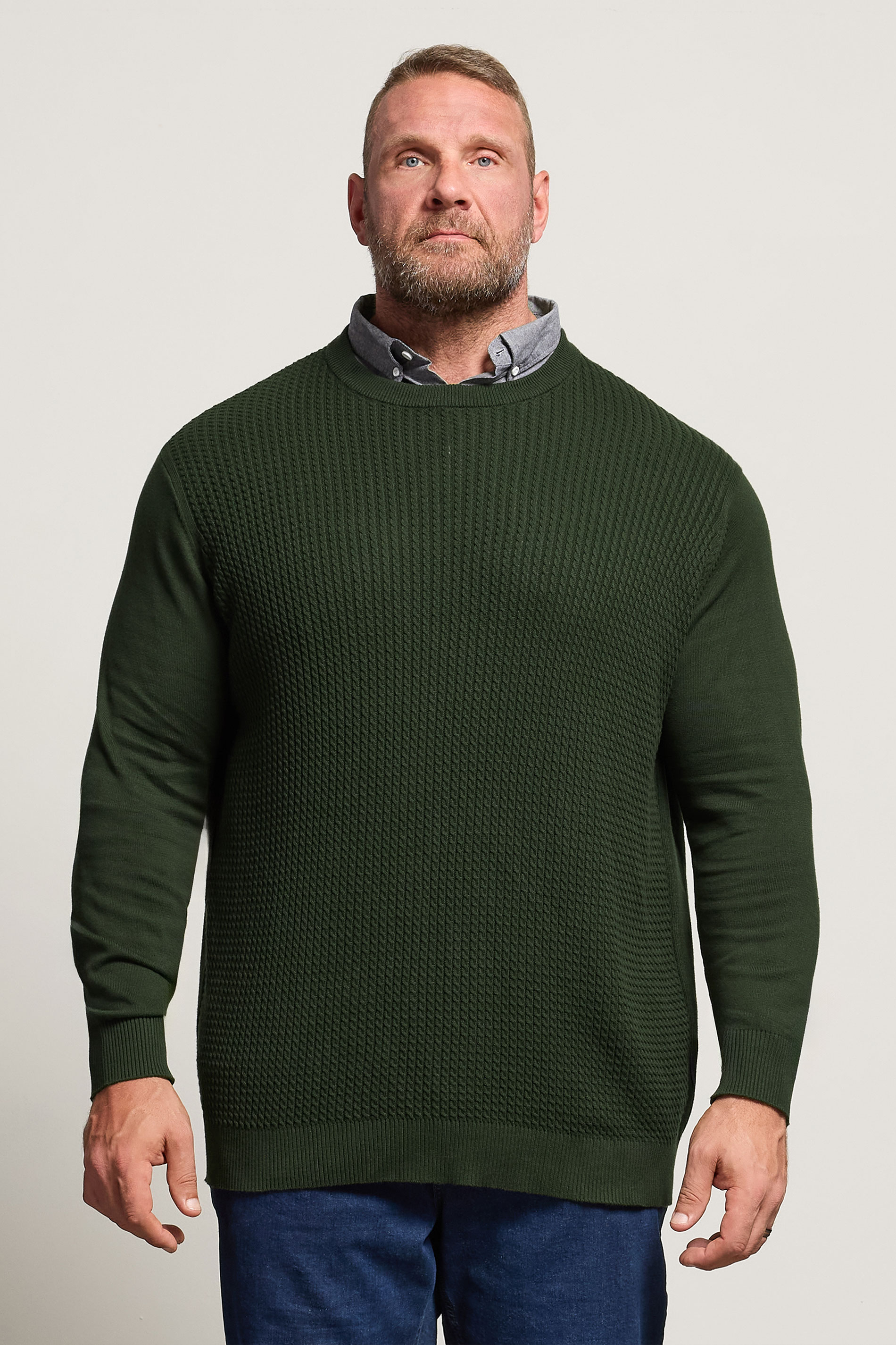 BadRhino Big & Tall Dark Green Cable Knit Mock Shirt Jumper | BadRhino 2