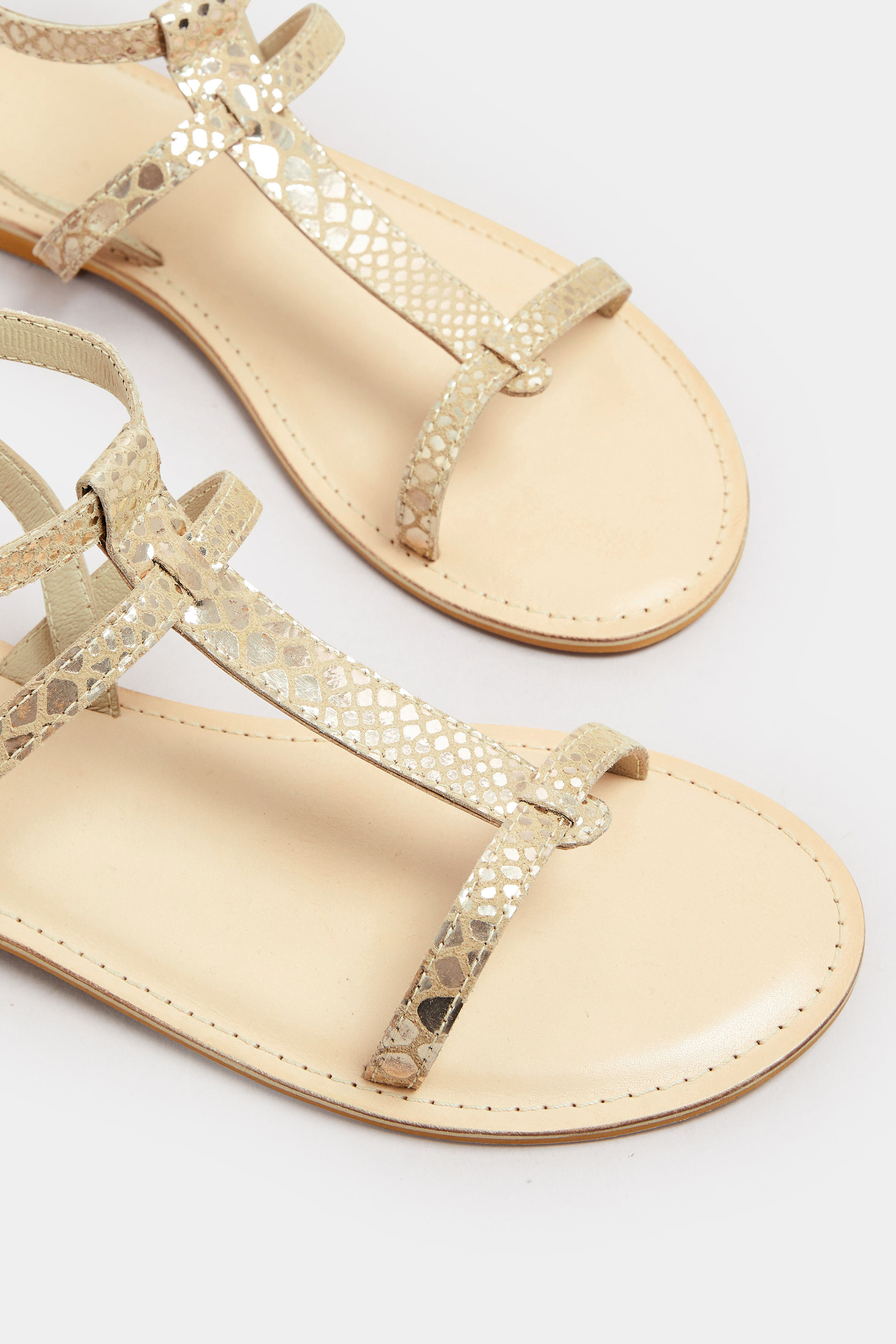 LTS Gold Leather Snake Strap Flat Sandals In Standard Fit | Long Tall Sally 7