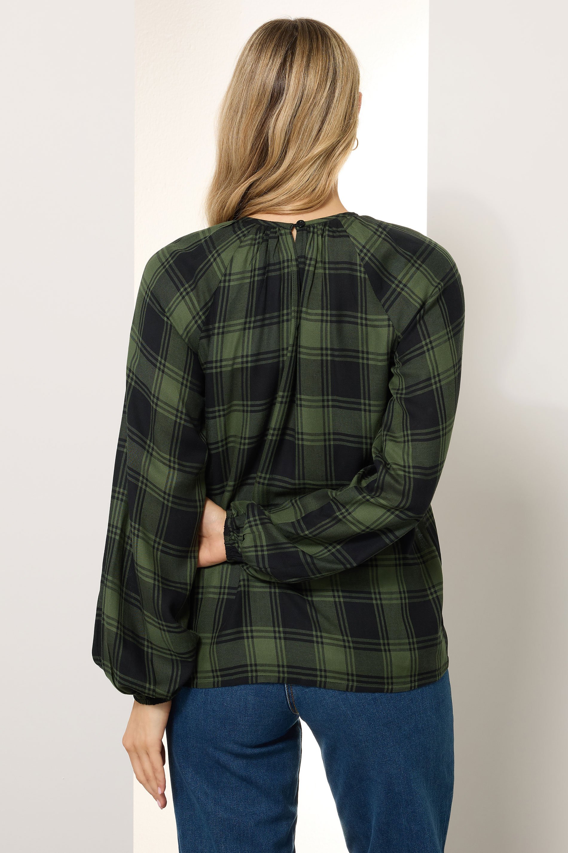 LTS Tall Khaki Green Check Balloon Sleeve Blouse | Long Tall Sally 5