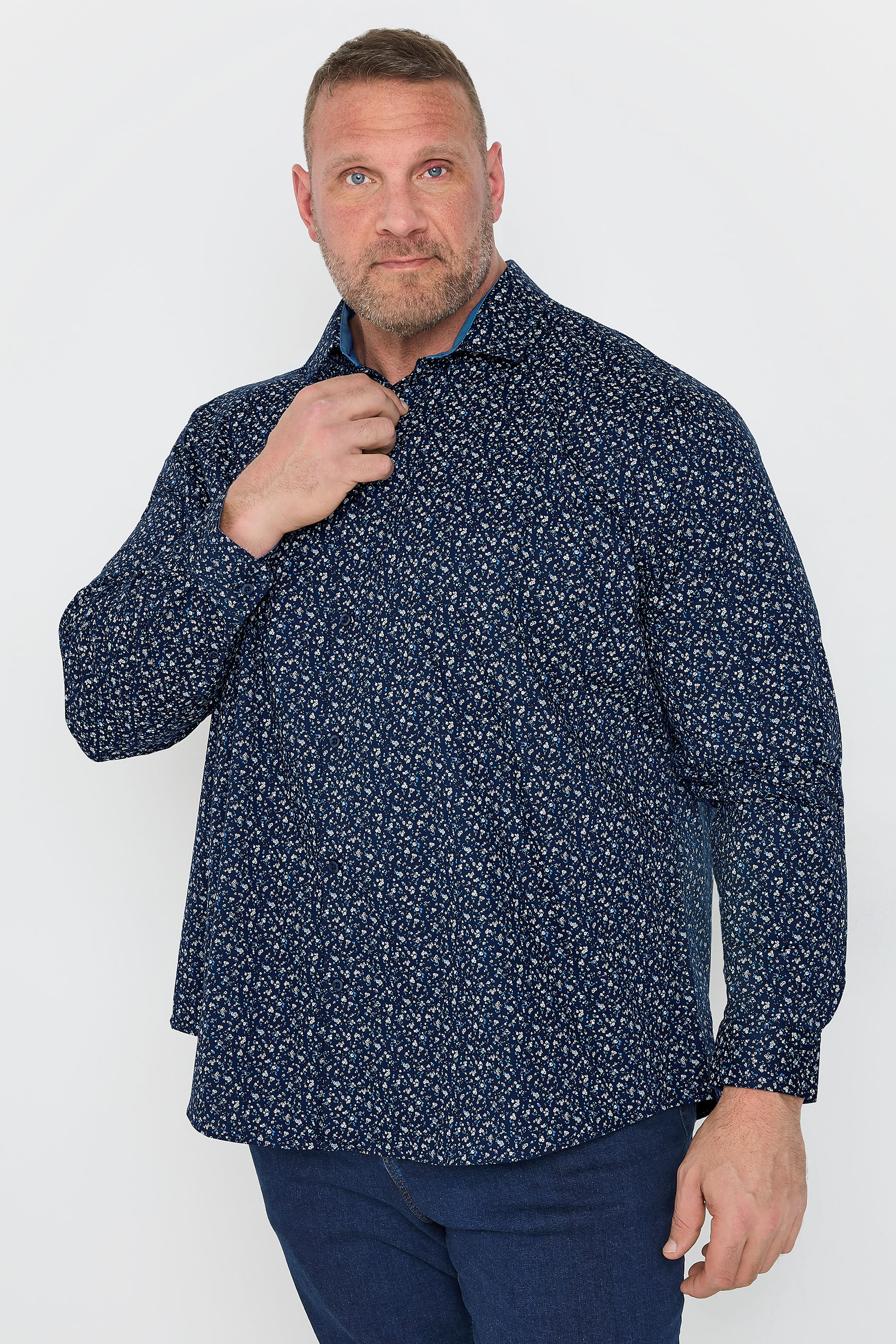 BadRhino Tailoring Big & Tall Navy Blue Micro Floral Print Formal Shirt | BadRhino 2