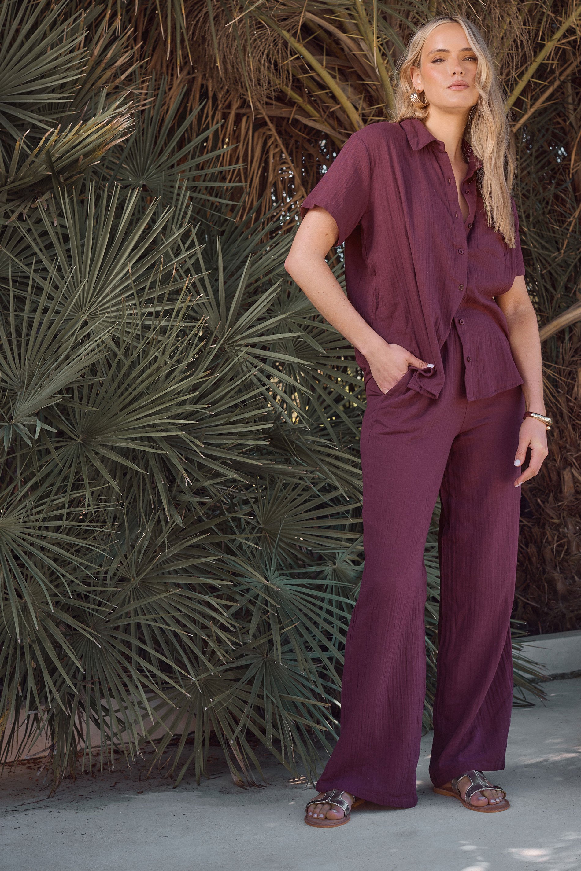 LTS Tall Dark Red Cotton Cheescloth Wide Leg Trousers | Long Tall Sally 1