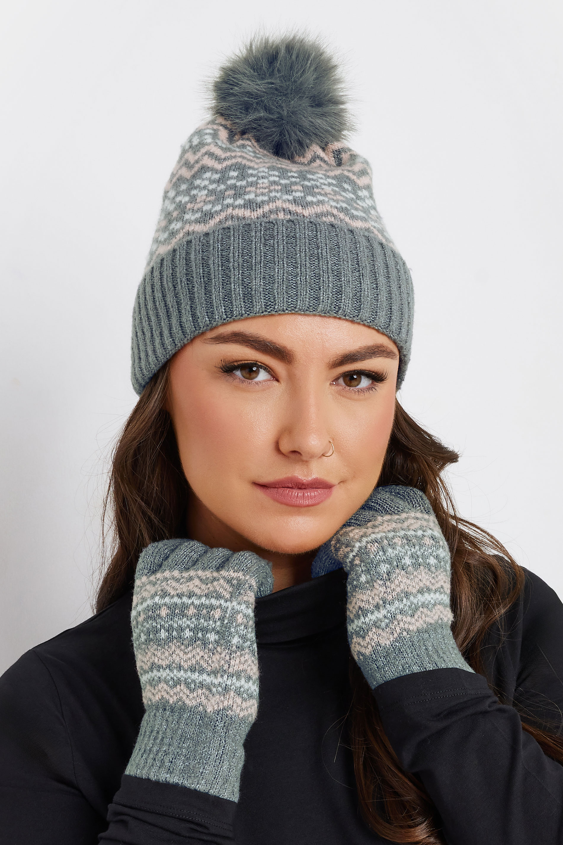 Grey Fairisle Bobble Hat & Glove Set | Yours Clothing 1