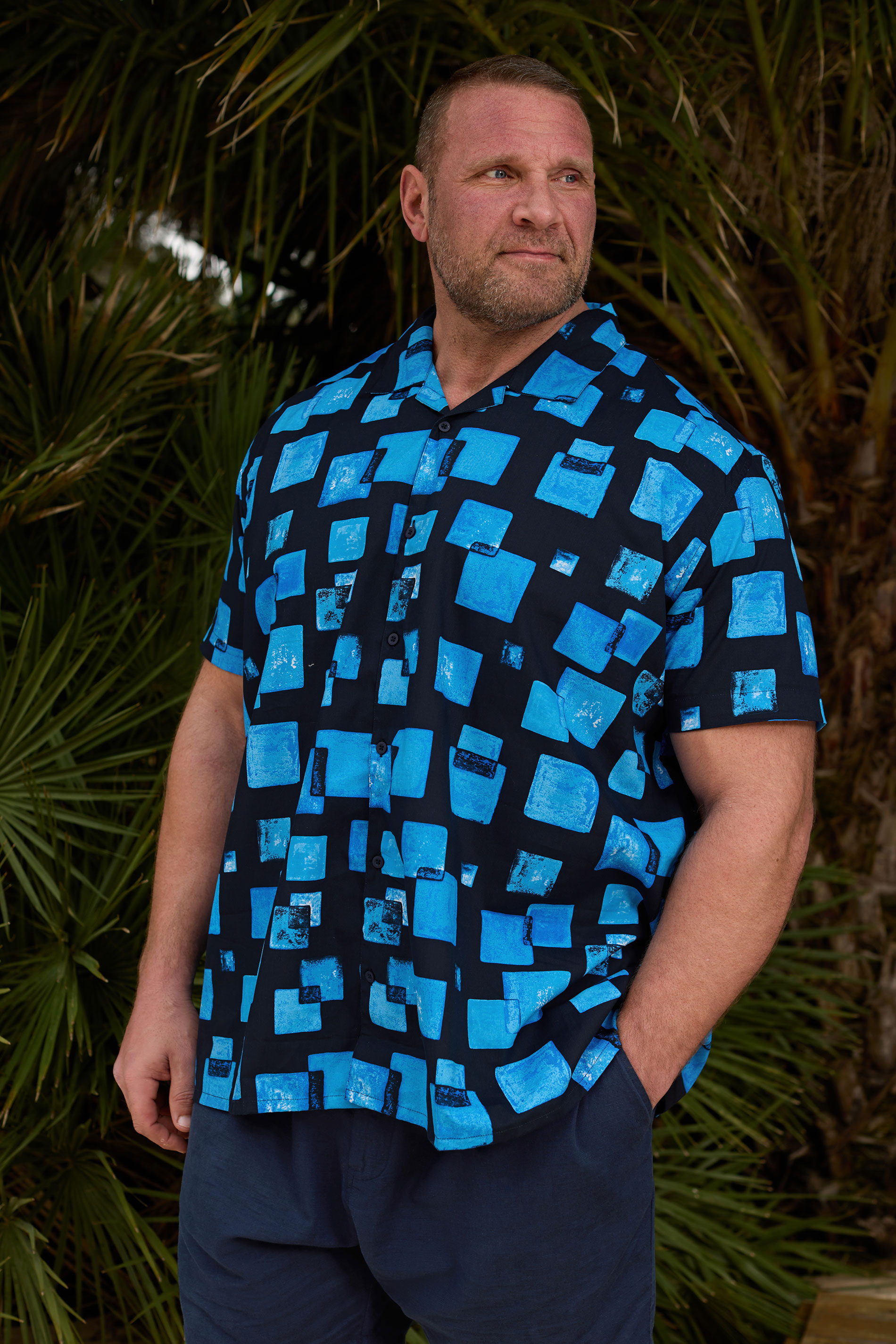 BadRhino BIg & Tall Navy Blue Square Print Peached Short Sleeve Shirt | BadRhino 1