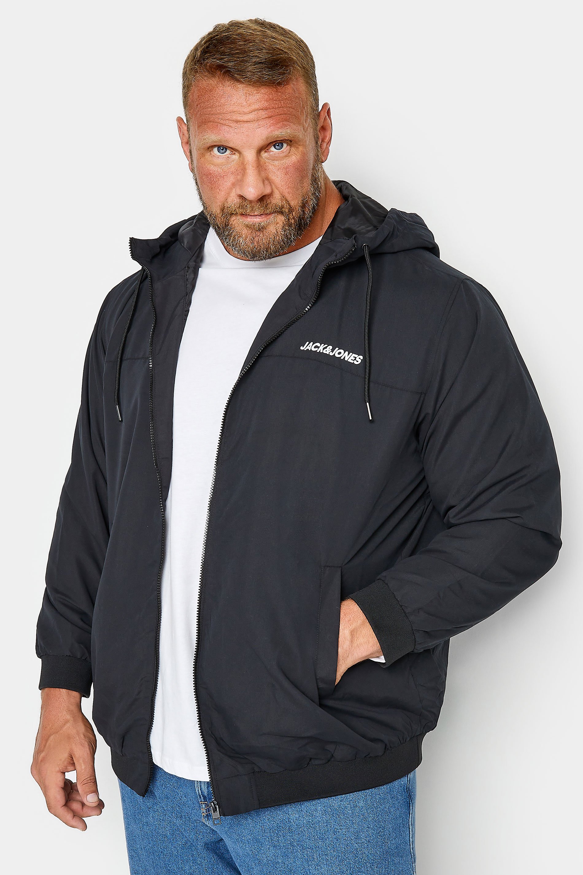 JACK & JONES Big & Tall Black Bomber Zip Up Hoodie | BadRhino  1