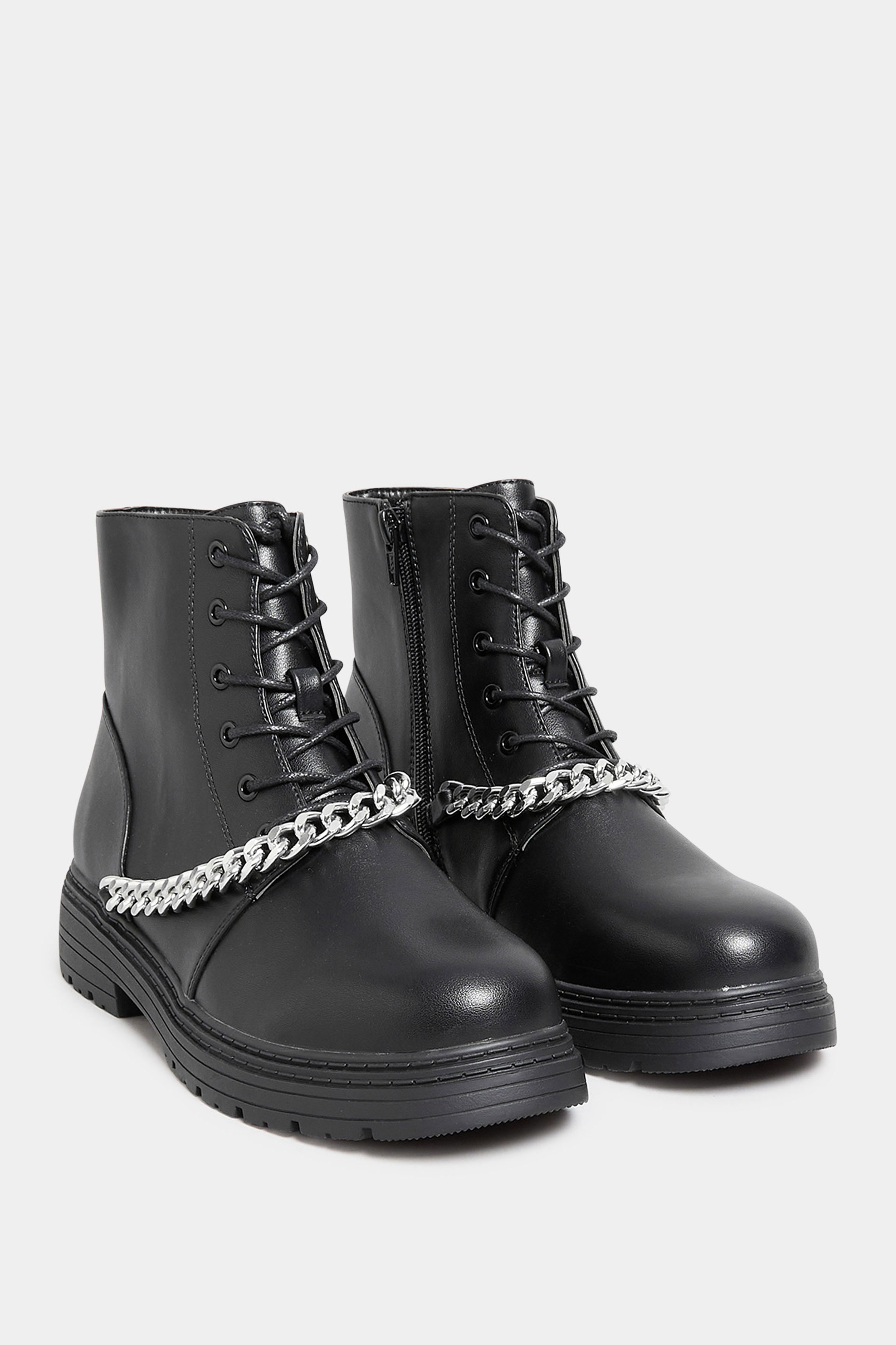 Black Chain Lace Up Boots In Wide & Extra Wide Fit | Yours Clothing 2