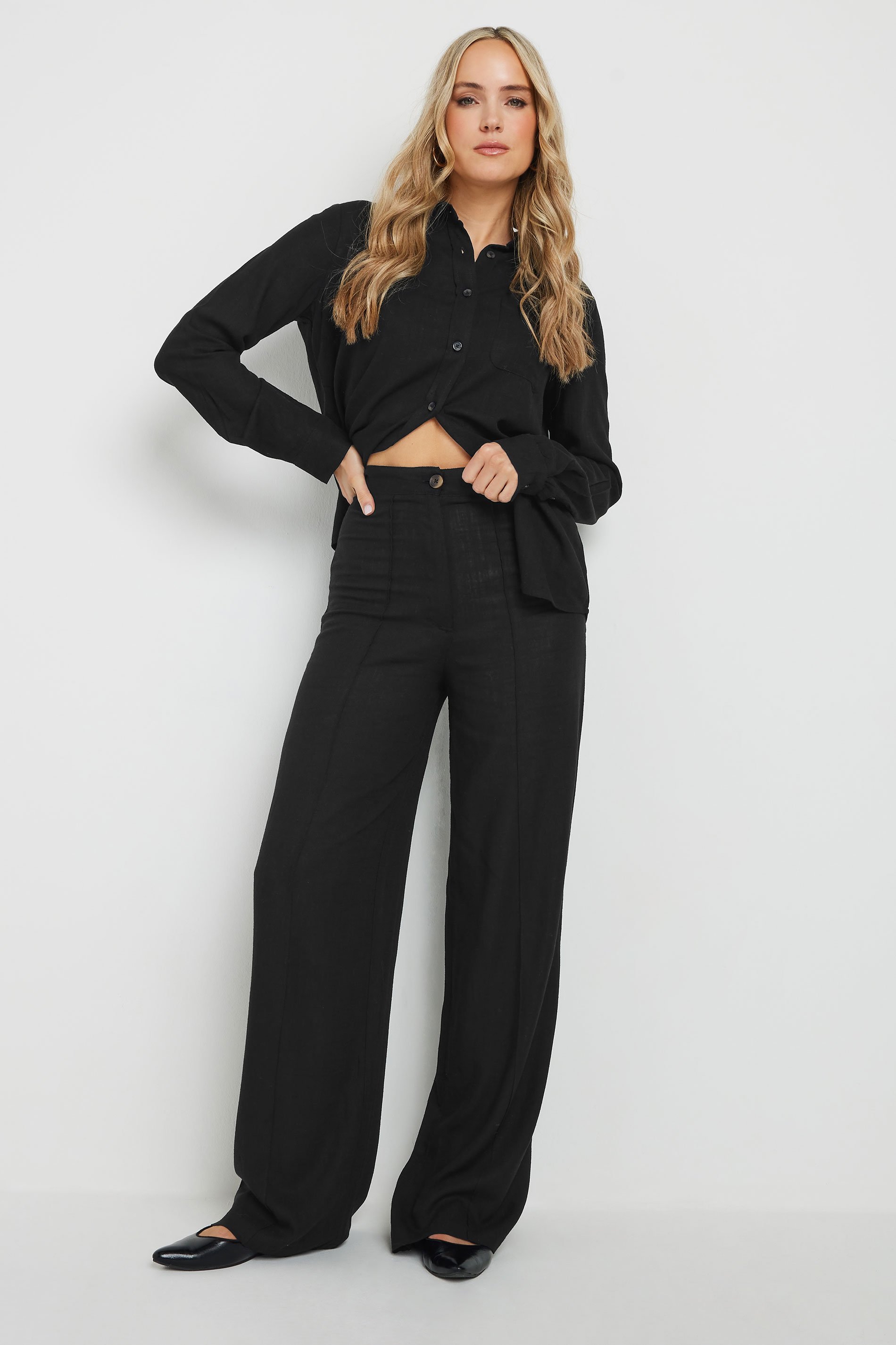 LTS Tall Black Linen Pleated Wide Leg Trousers | Long Tall Sally 1