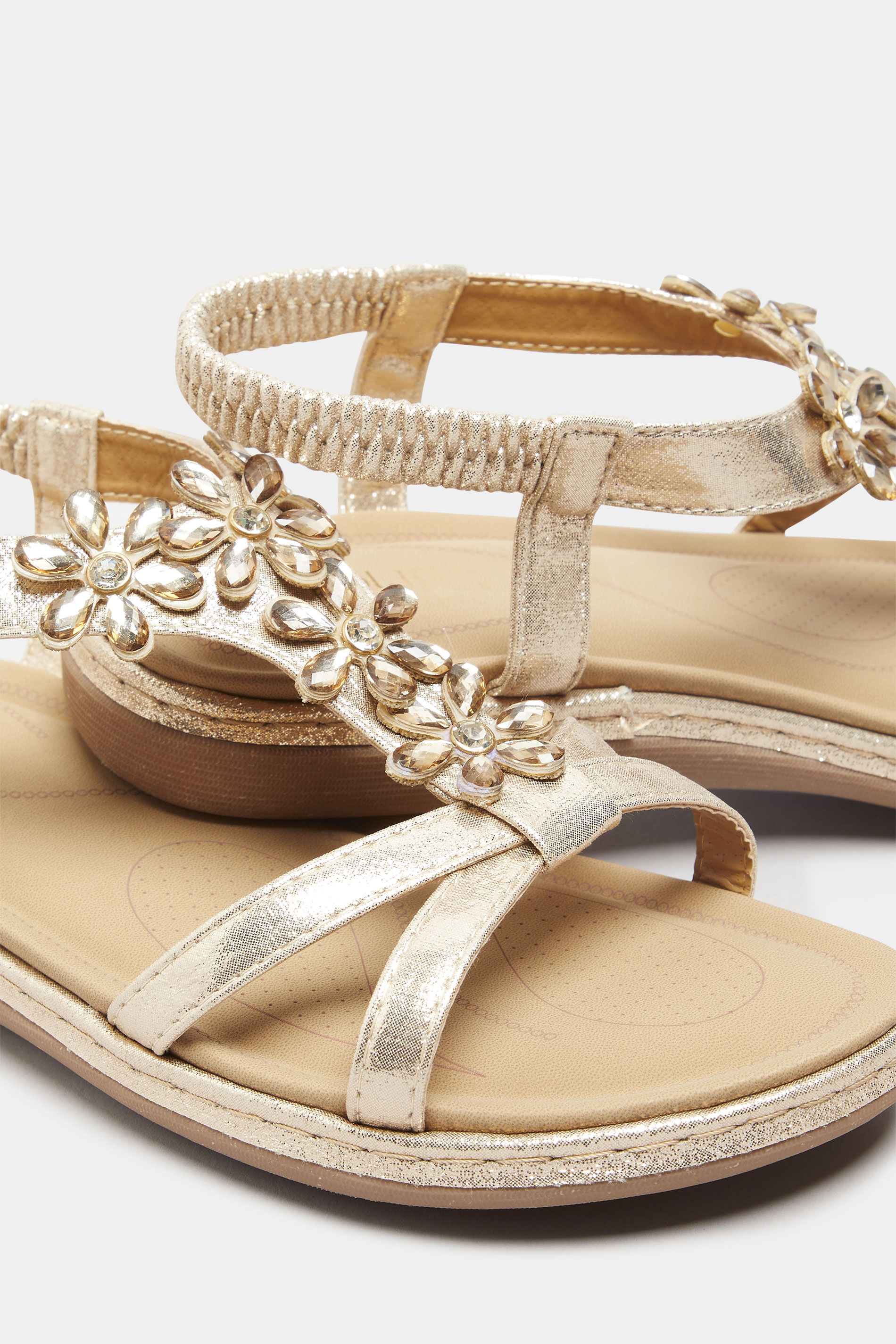 Gold Glitter Floral Diamante Studded Sandals In Wide E Fit & Extra Wide EEE Fit | Yours Clothing 5