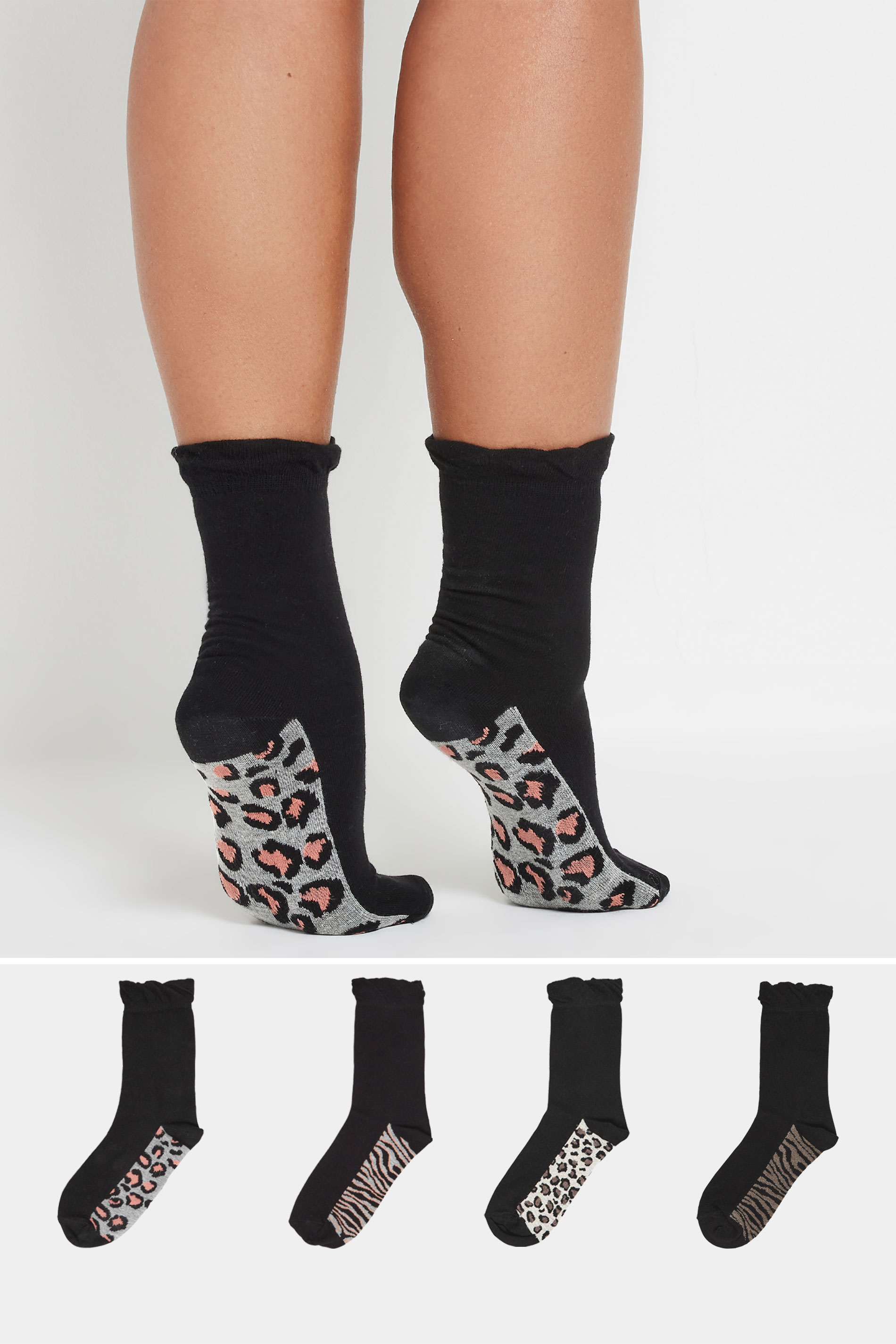 4 PACK Black Animal Print Footbed Socks | Yours Clothing 1