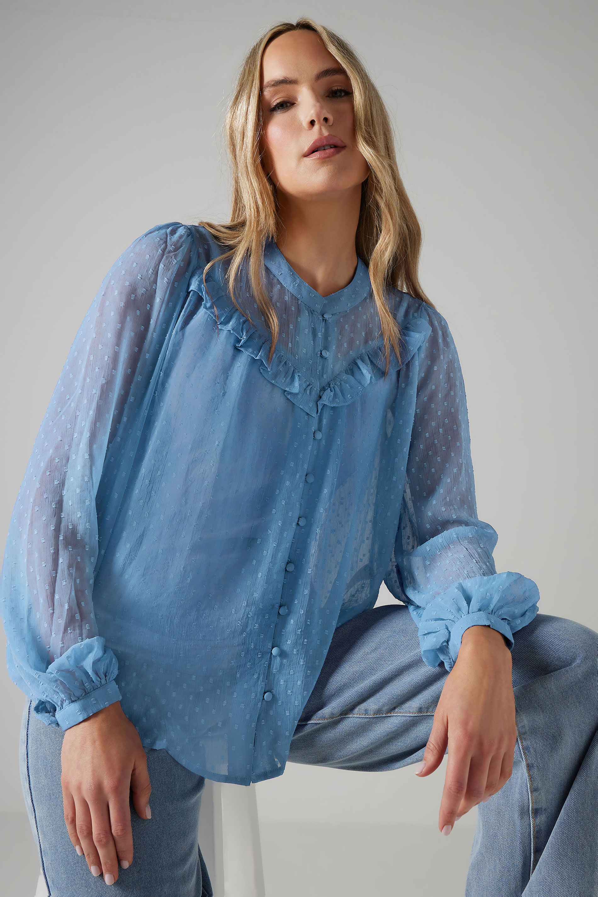 LTS Tall Blue Sheer Dobby Frill Blouse | Long Tall Sally 4