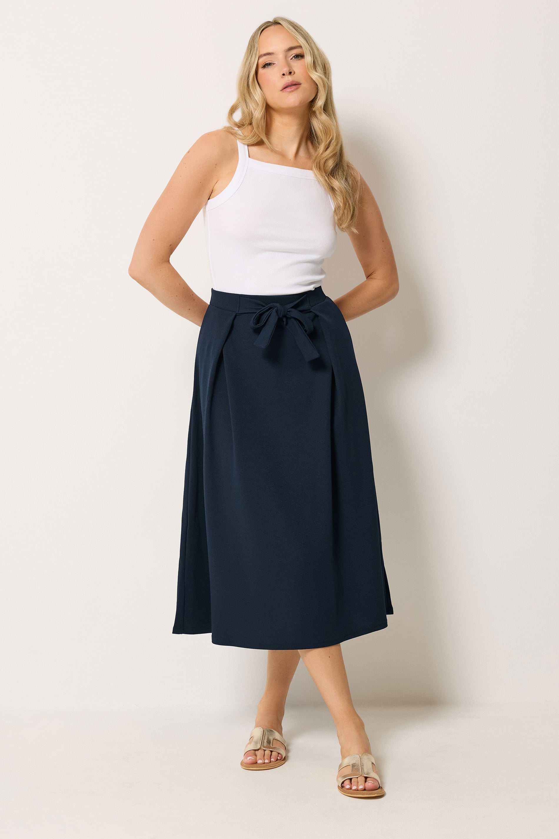 LTS Tall Women's Navy Blue Tie Waist Midi Skirt | Long Tall Sally 3