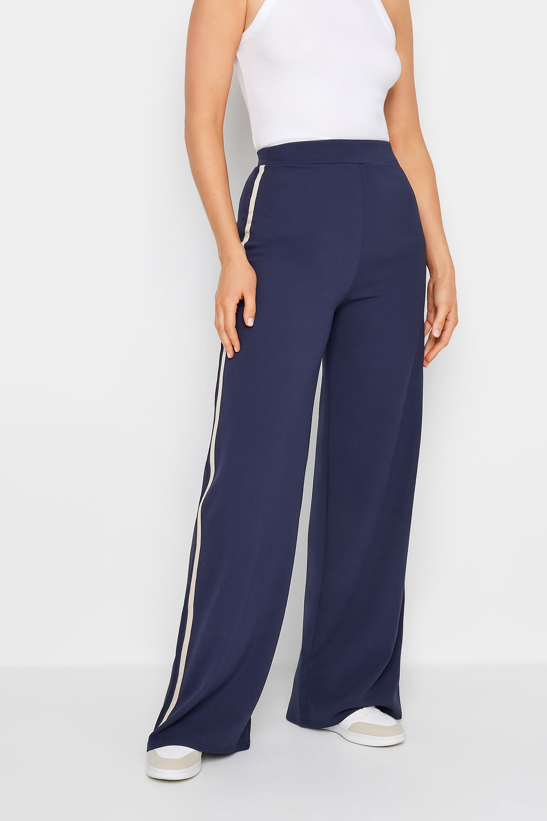 LTS Tall Womens Navy Blue & Stone Brown Side Stripe Wide Leg Trousers | Long Tall Sally 2