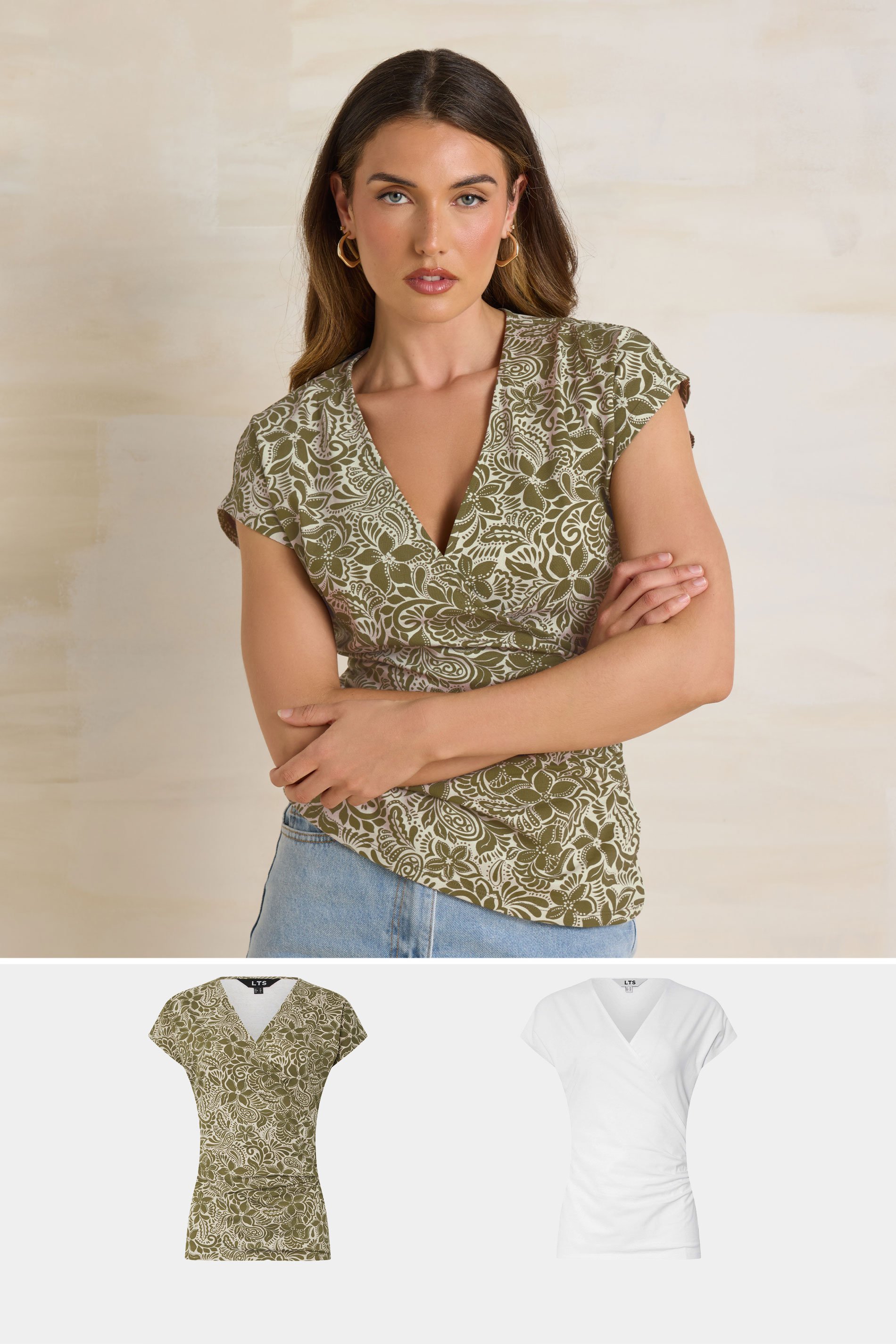 LTS Tall 2 PACK Green & White Floral Grown Sleeve Wrap Tops | Long Tall Sally 1