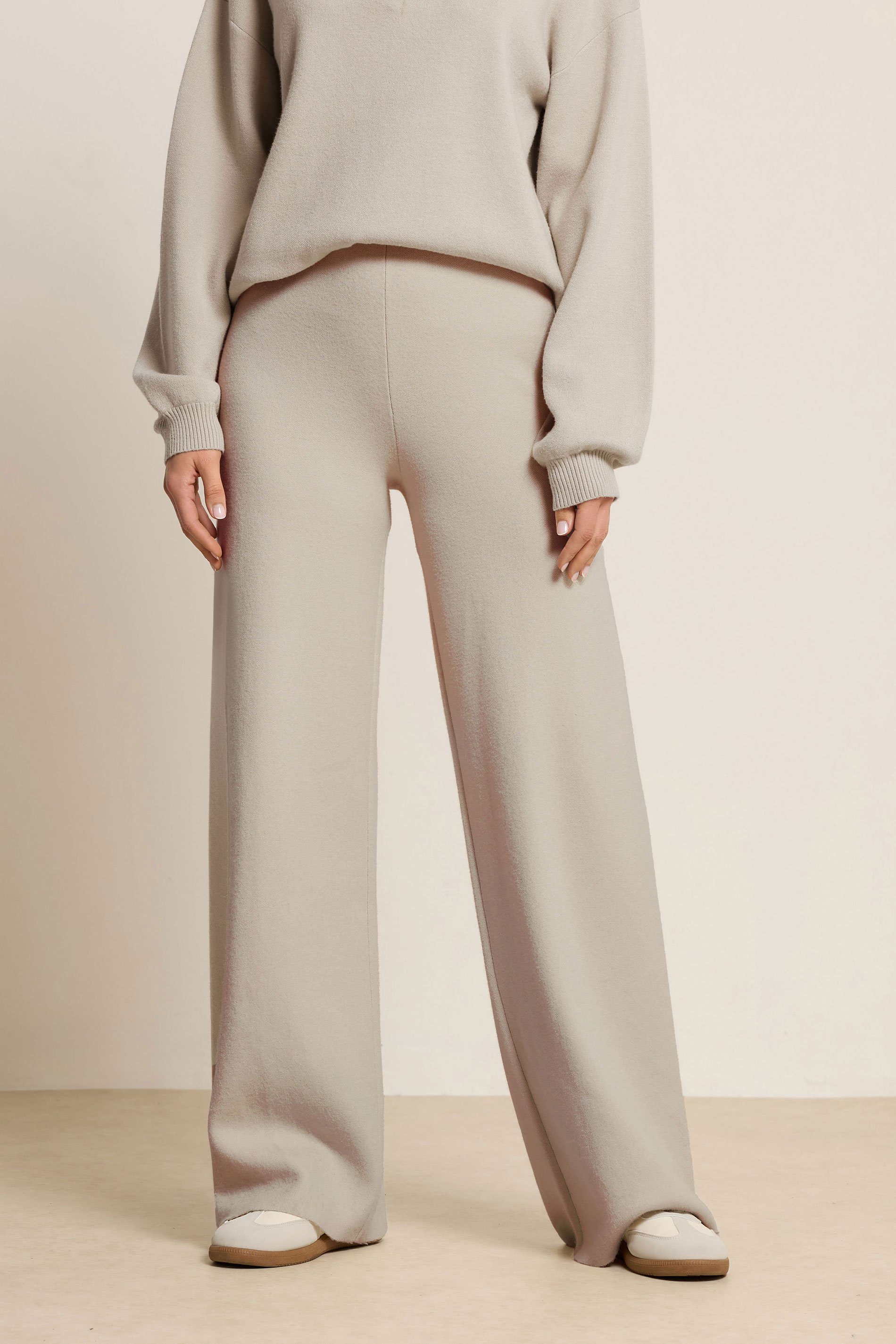 LTS PREMIUM Tall Beige Brown Knitted Wide Leg Trousers | Long Tall Sally 2