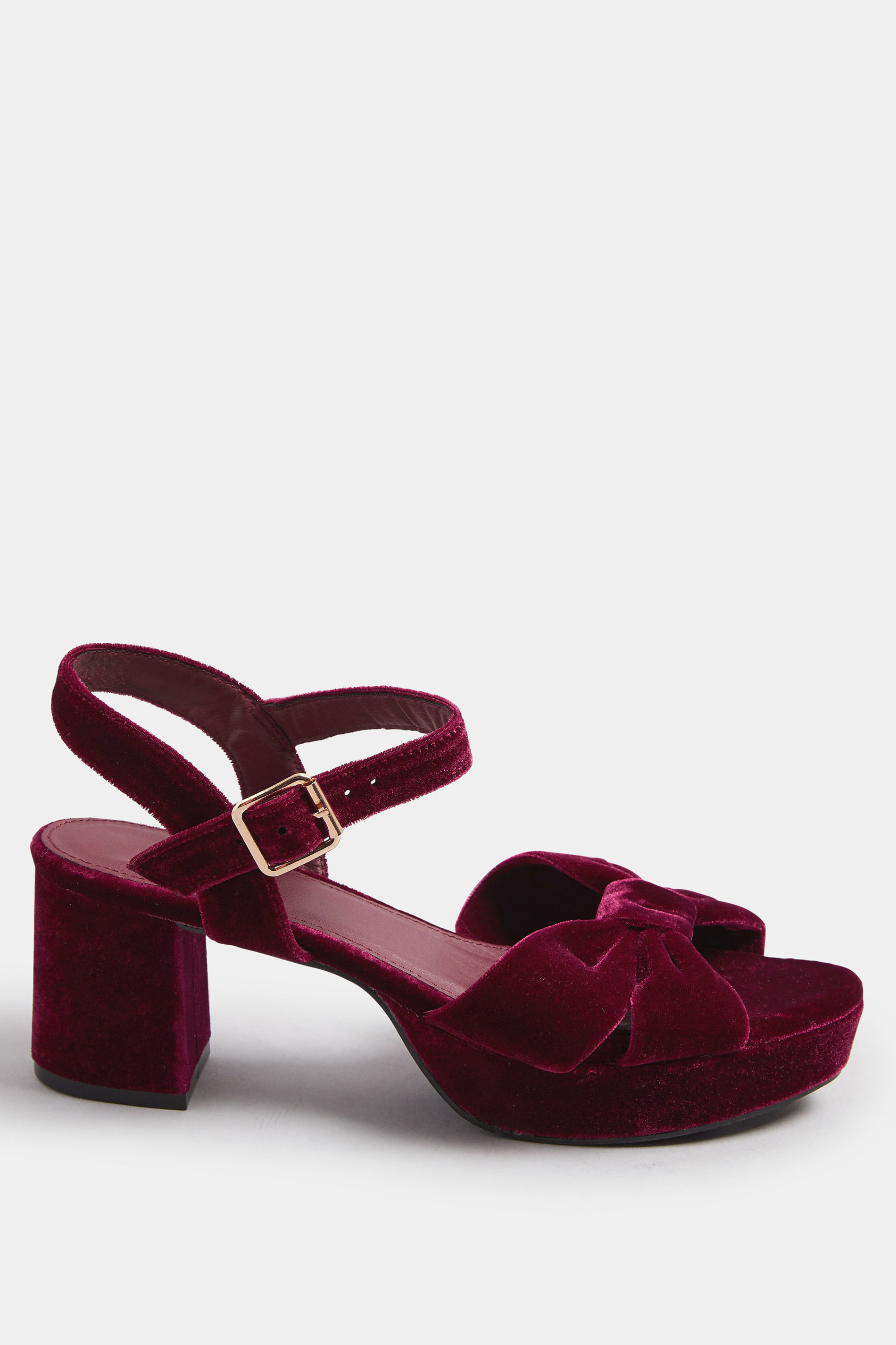Burgundy Red Velvet Bow Strap Platform Heels In Extra Wide Fit | Yours Clothing 4