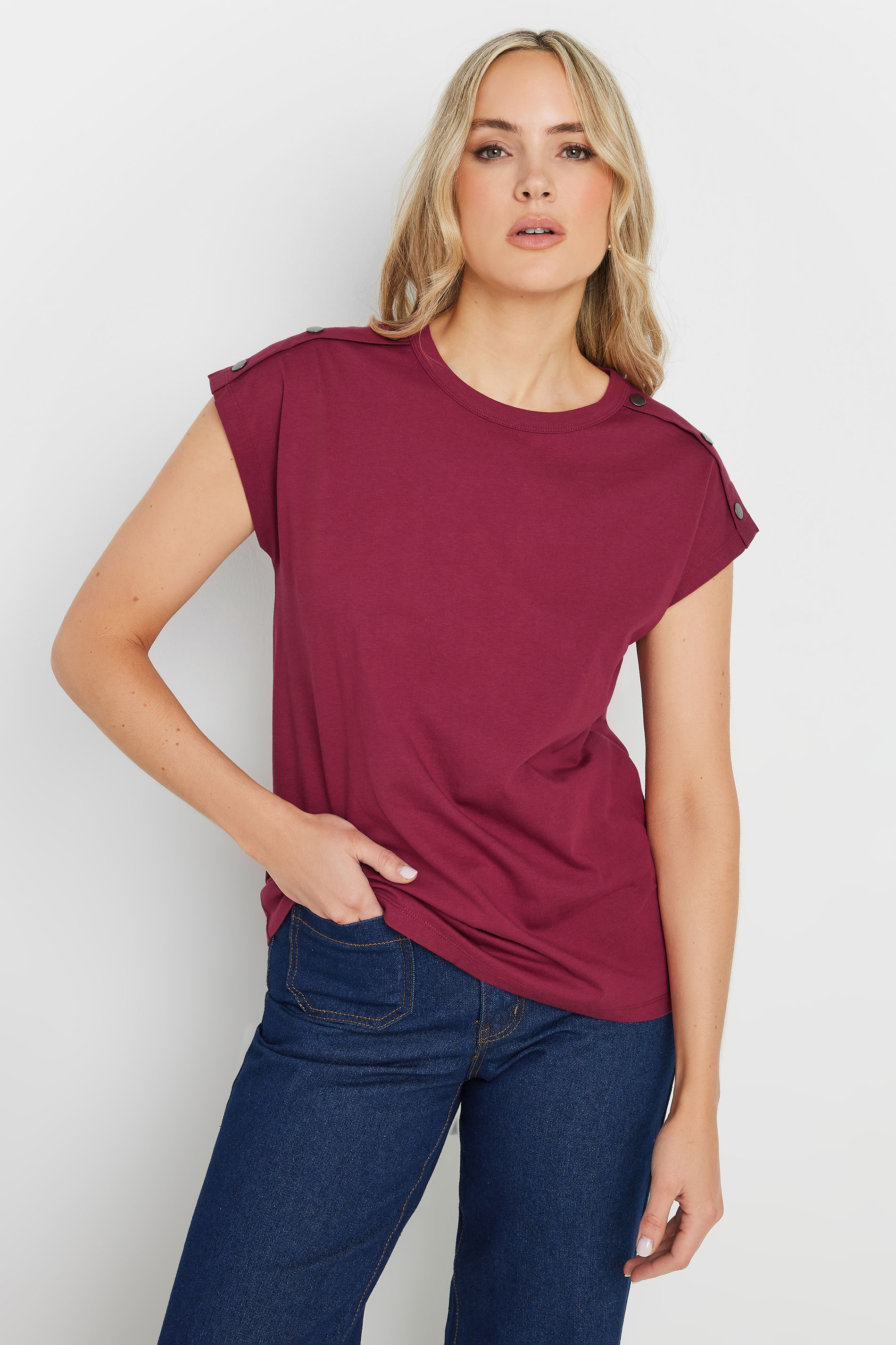 LTS Tall Burgundy Red Shoulder Button Short Sleeve T-Shirt | Long Tall Sally 1