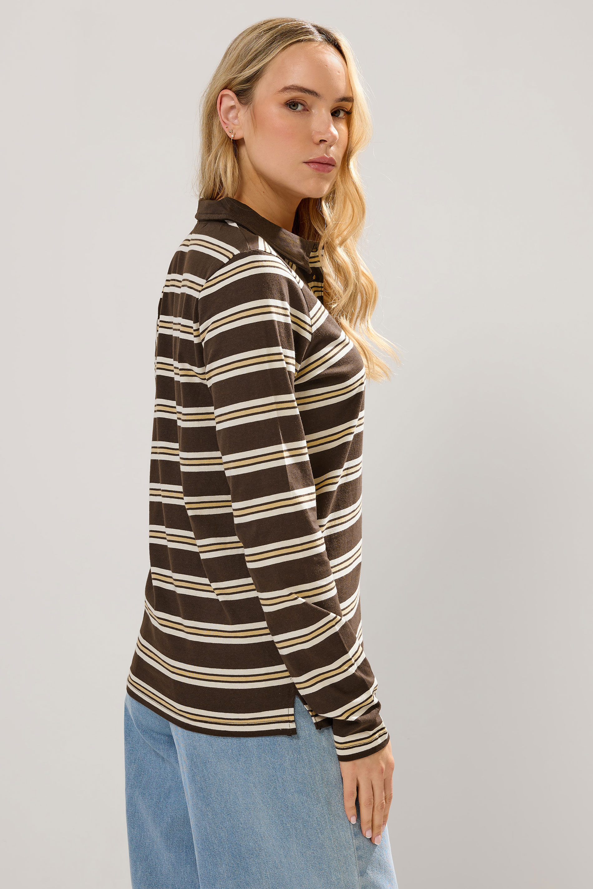 LTS Tall Chocolate Brown Striped Jersey Polo Top | Long Tall Sally 3