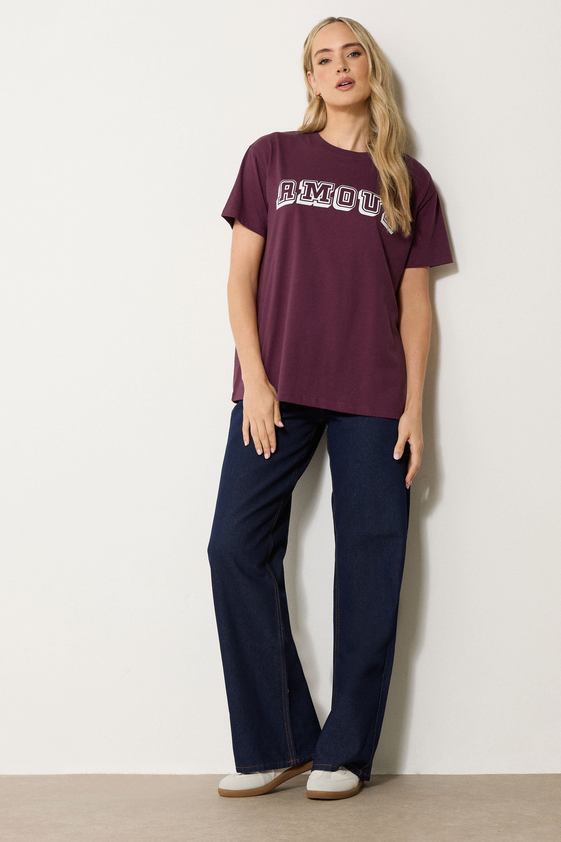 LTS Tall Burgundy Red 'Amour' Slogan T-Shirt | Long Tall Sally 2