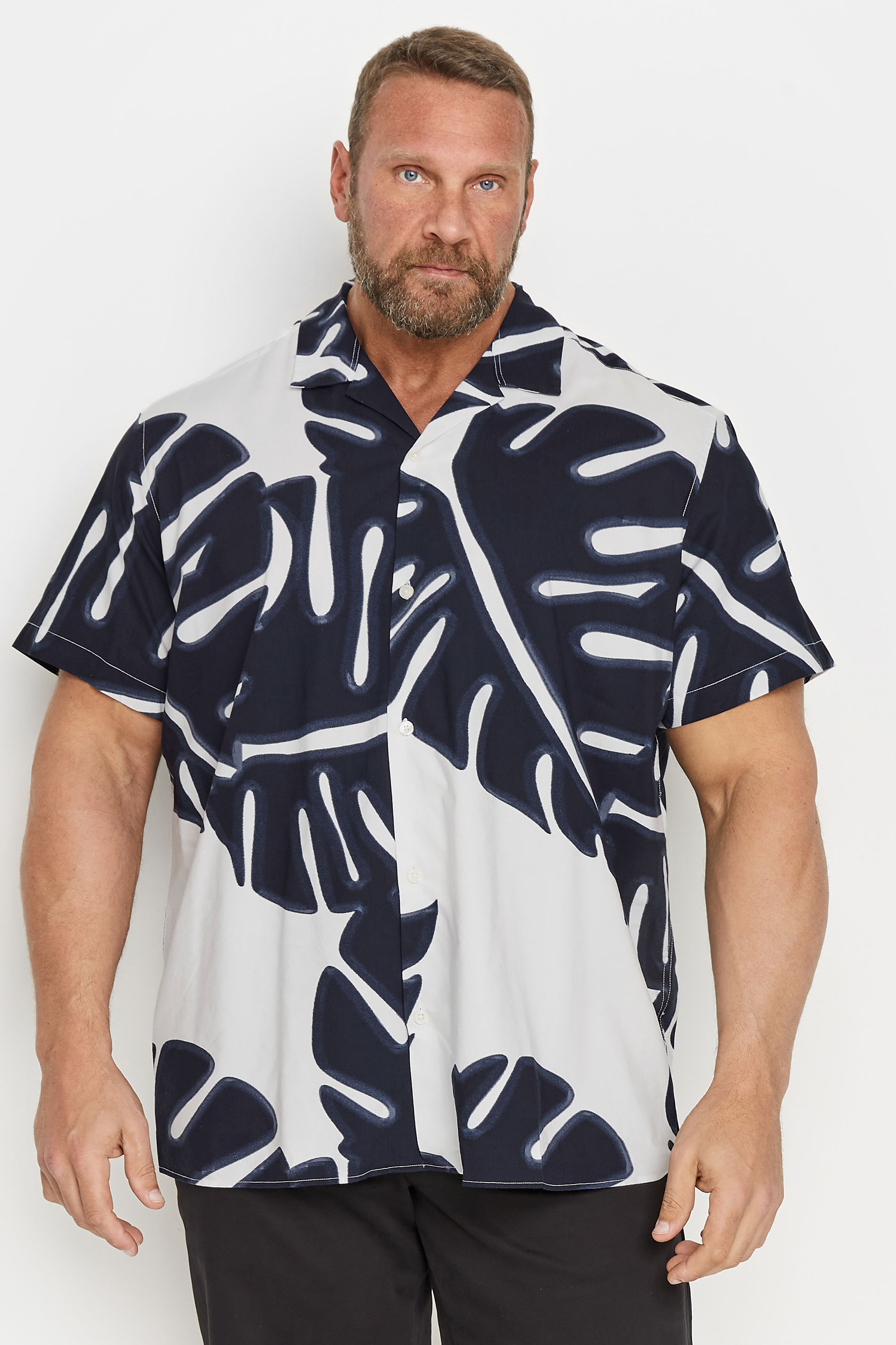 JACK & JONES Big & Tall Black & White Leaf Print Resort Shirt | BadRhino 1