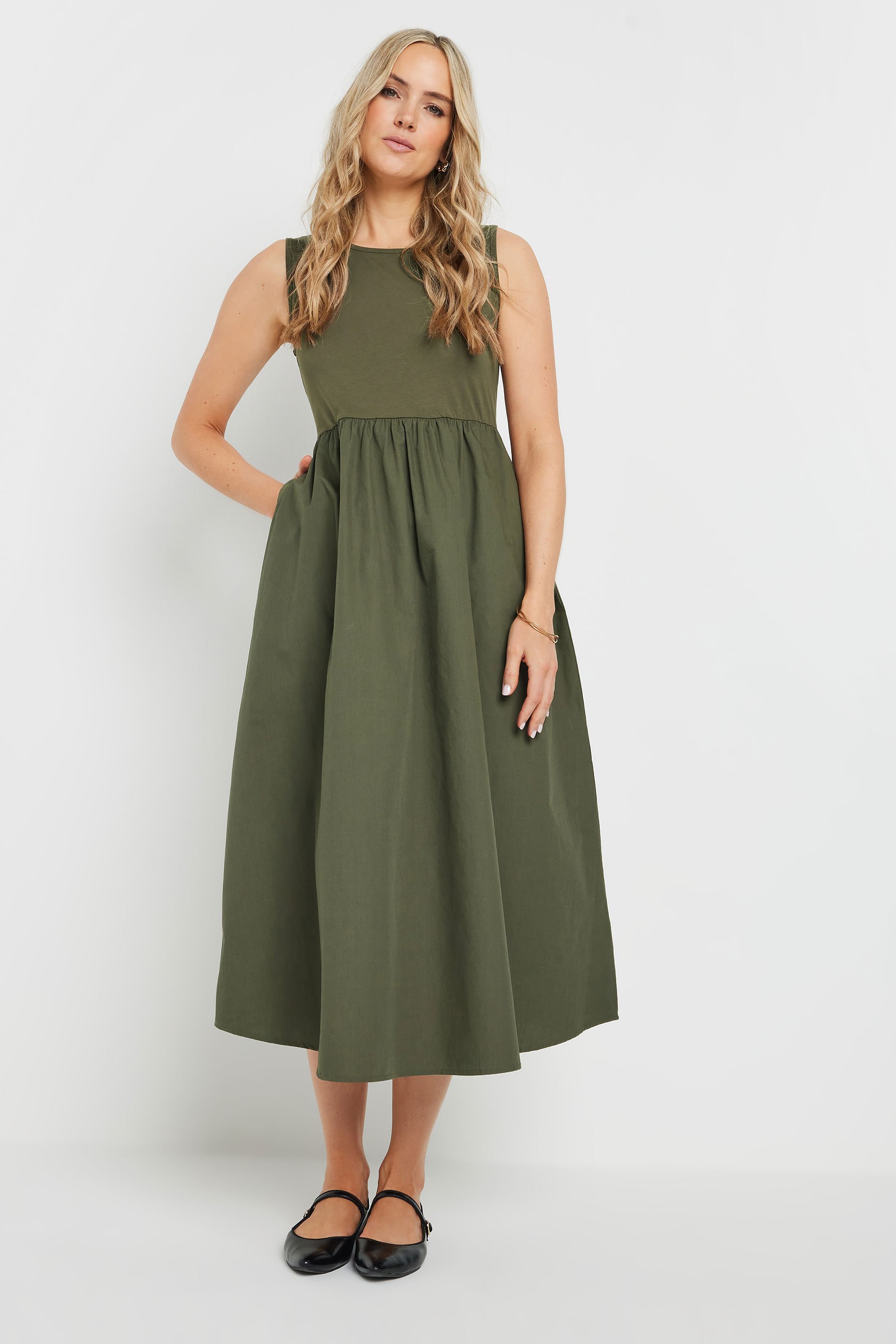 LTS Tall Khaki Green Jersey & Woven Mix Fabric Midi Dress | Long Tall Sally 2