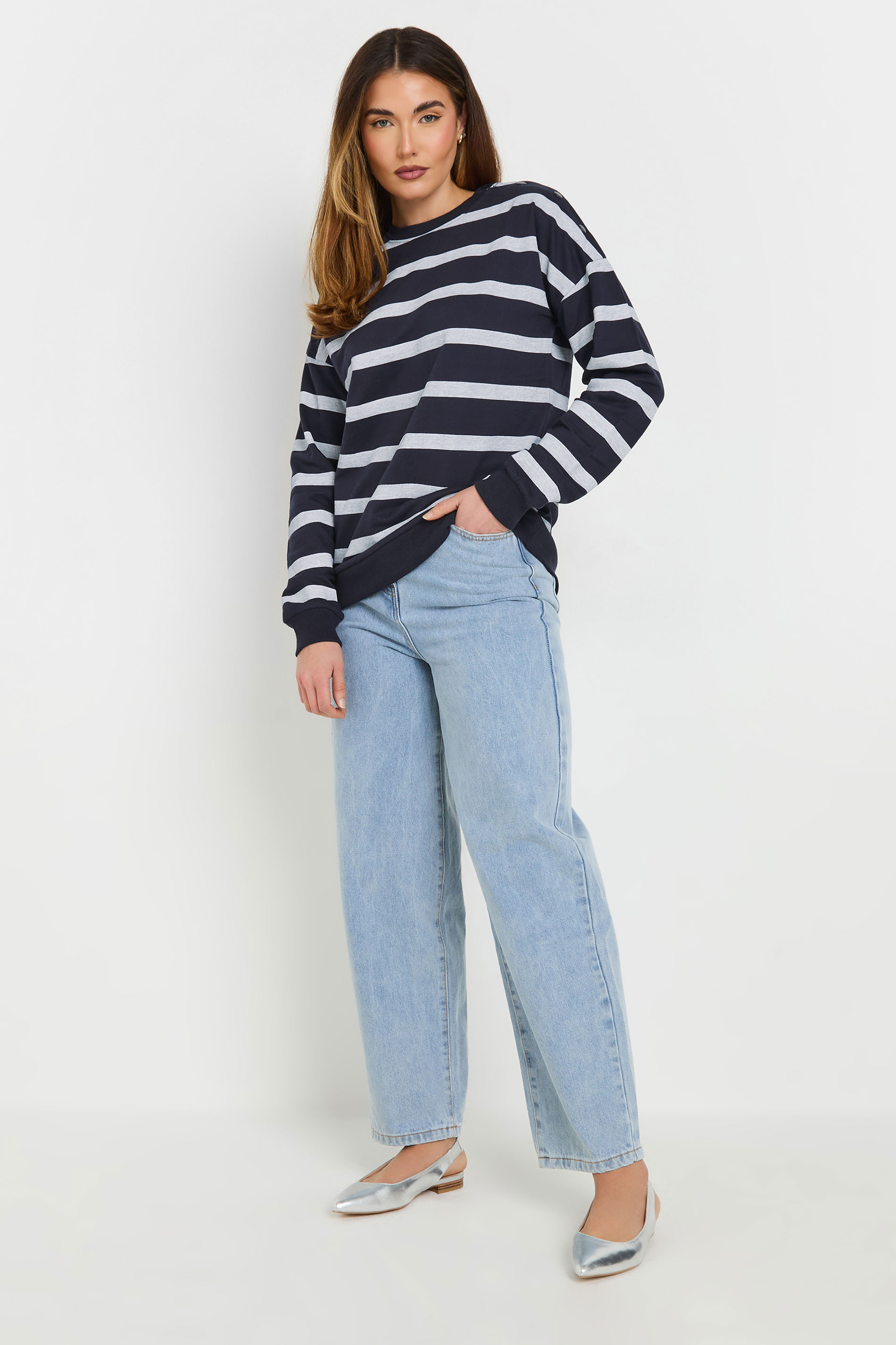 LTS Tall Navy Blue Striped Button Sweatshirt | Long Tall Sally 3