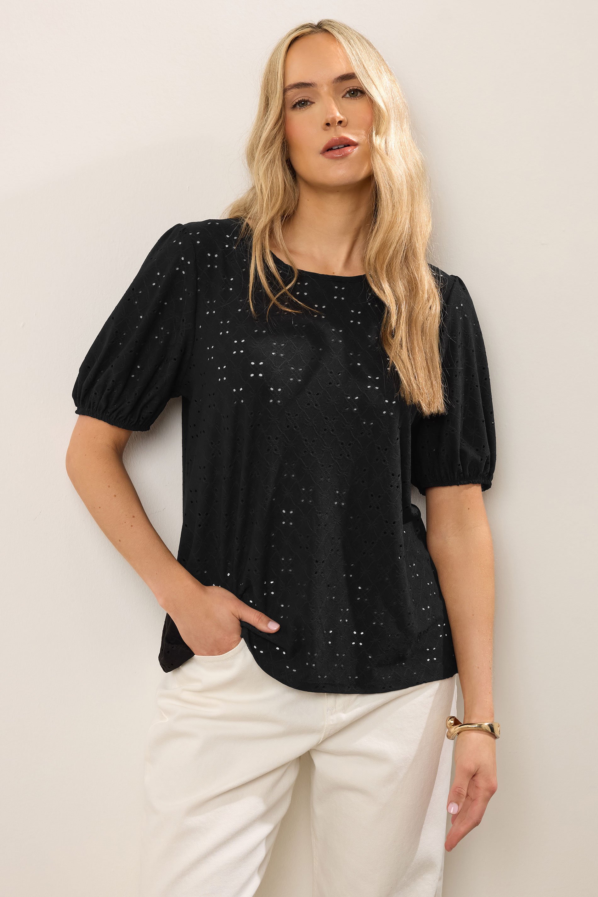 LTS Tall Black Broderie Puff Sleeve Top | Long Tall Sally 1