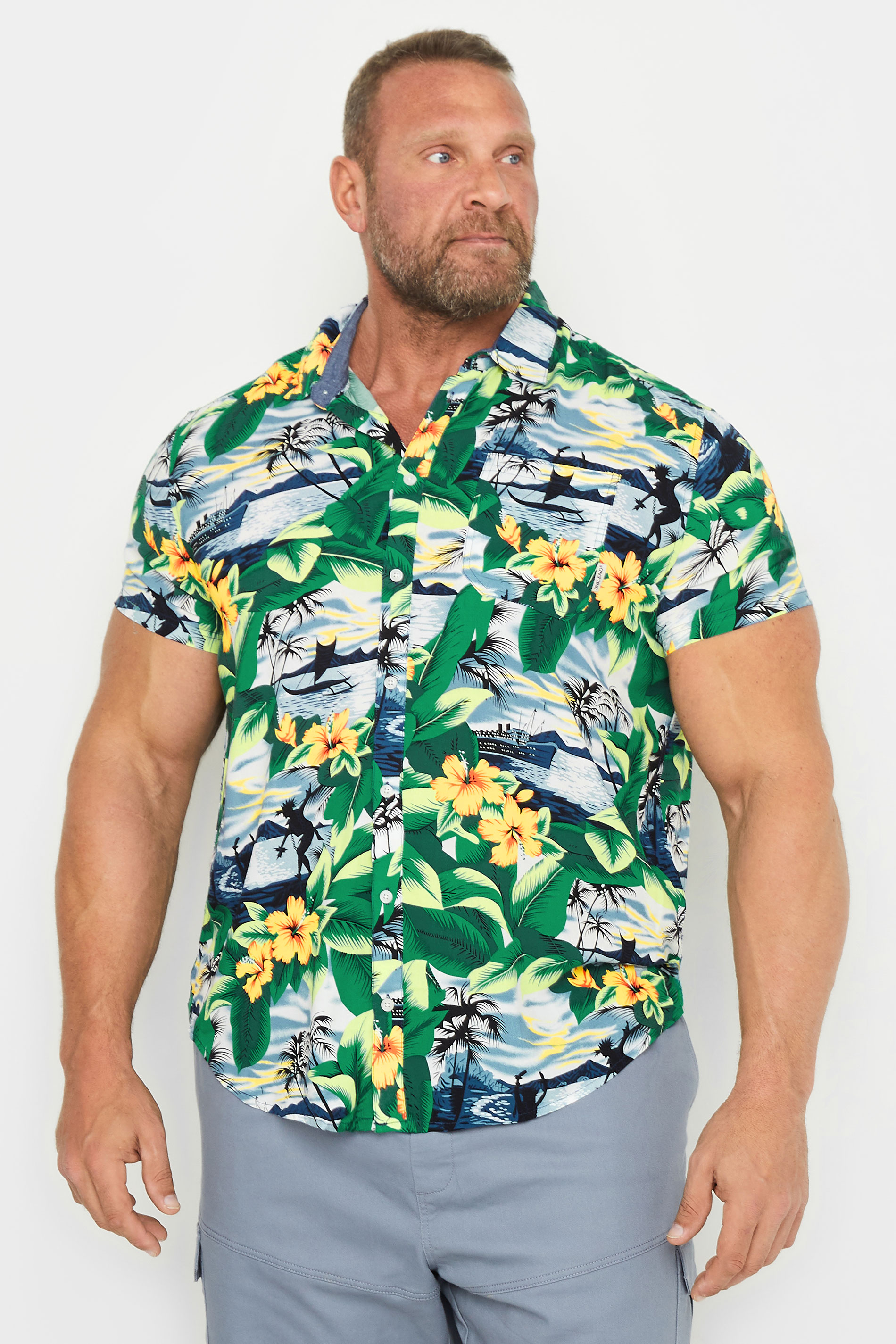 BLEND Big & Tall Yellow & Blue Beach Print Short Sleeve Shirt | BadRhino 1