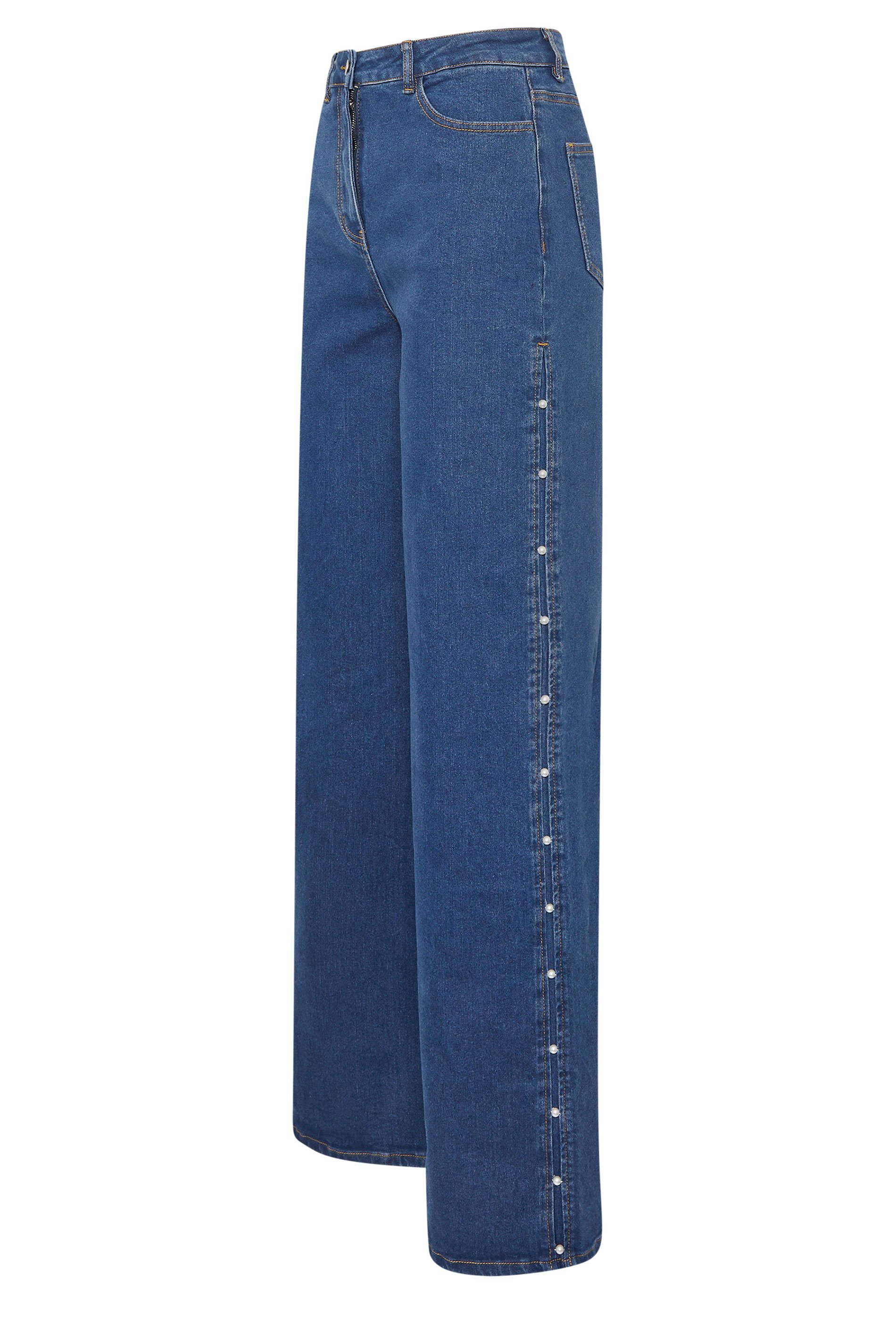 LTS Tall Dark Blue Pearl Detail Wide Leg Jeans | Long Tall Sally 7