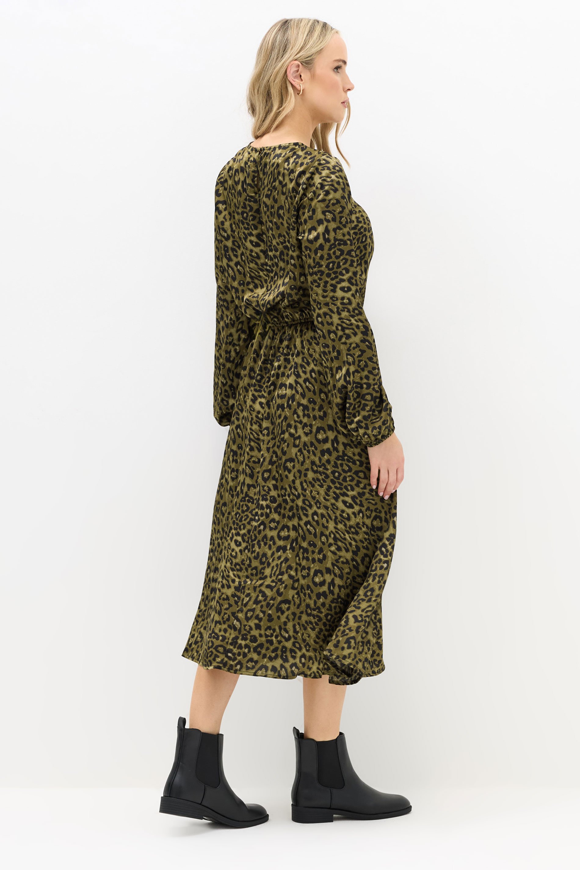 LTS Tall Khaki Green Leopard Print Satin Midi Dress | Long Tall Sally 3