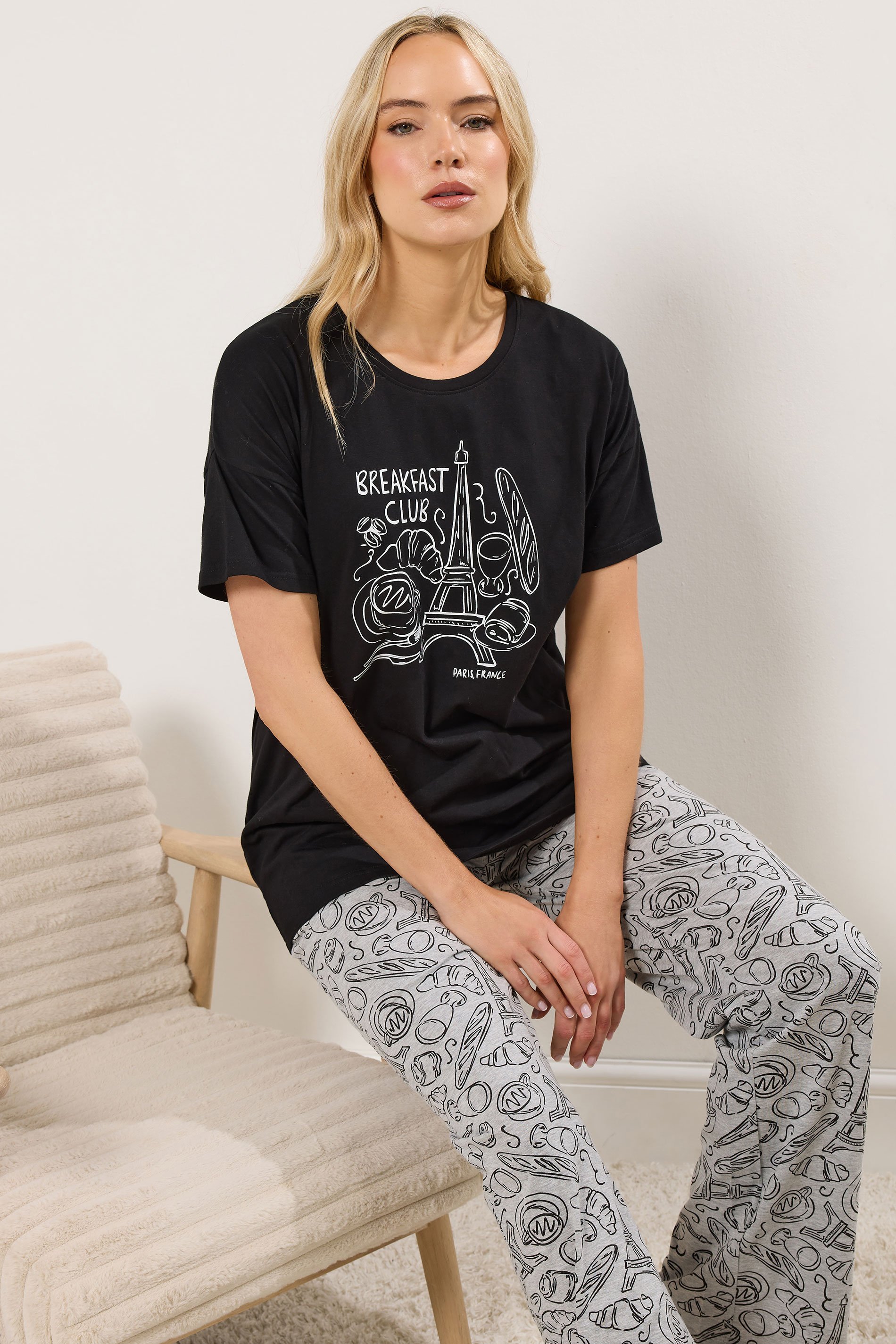 LTS Tall Women's Black 'Breakfast Club' Wide Leg Pyjama Set | Long Tall Sally 2