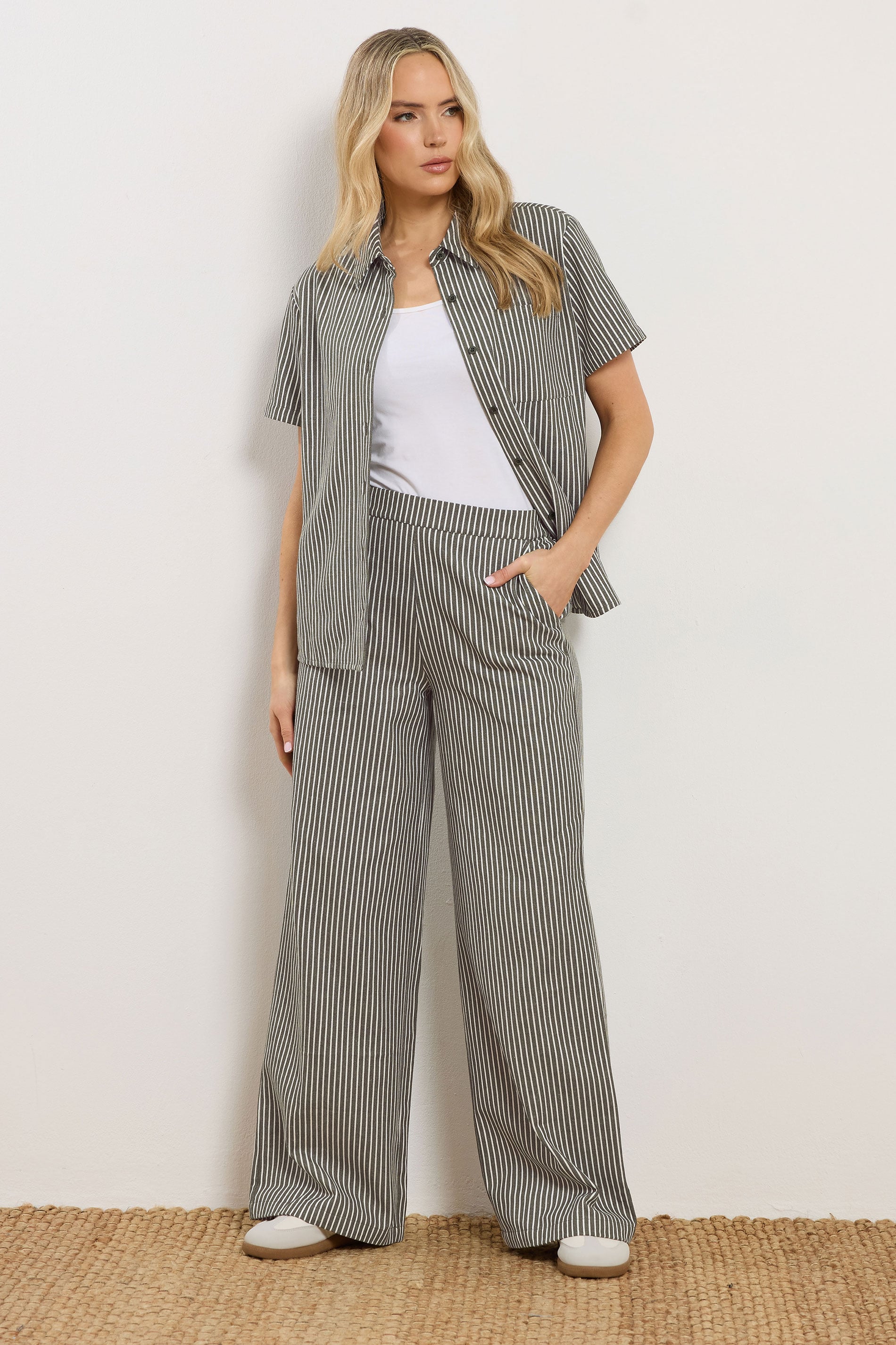 LTS Tall Women's Set Olive Green Stripe Button Cotton Shirt & Trousers | Long Tall Sally 1
