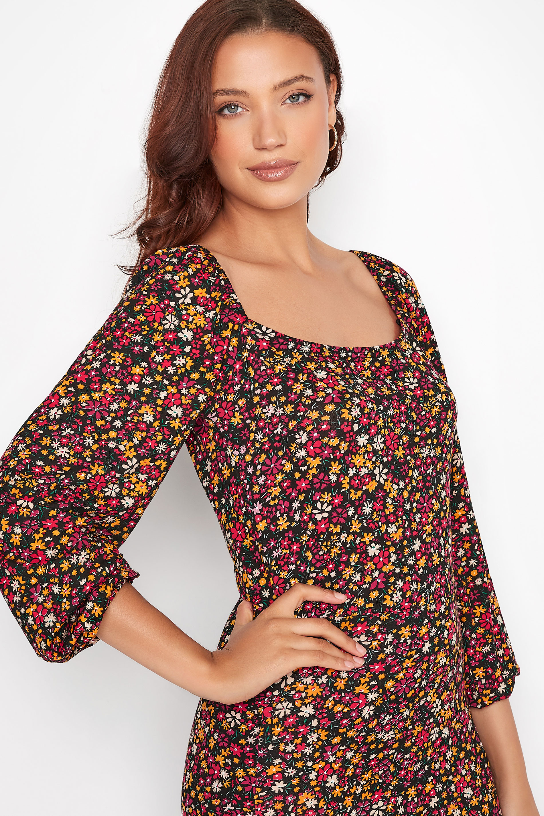 Tall Women's Black & Orange Floral Side Split Midi Dress | Long Tall Sally  4