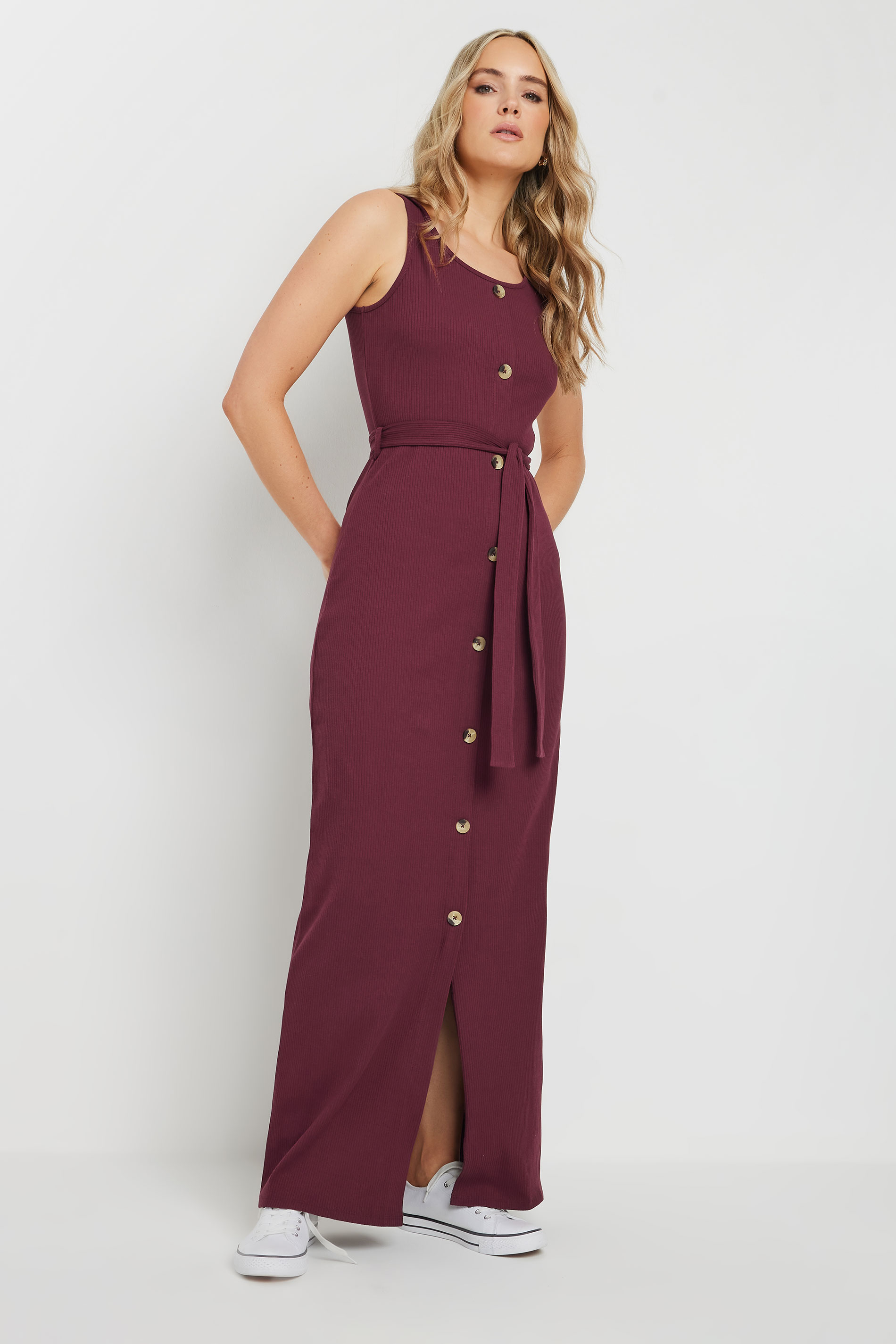 LTS Tall Women's Burgundy Red Ribbed Button Through Maxi Dress | Long Tall Sally 5