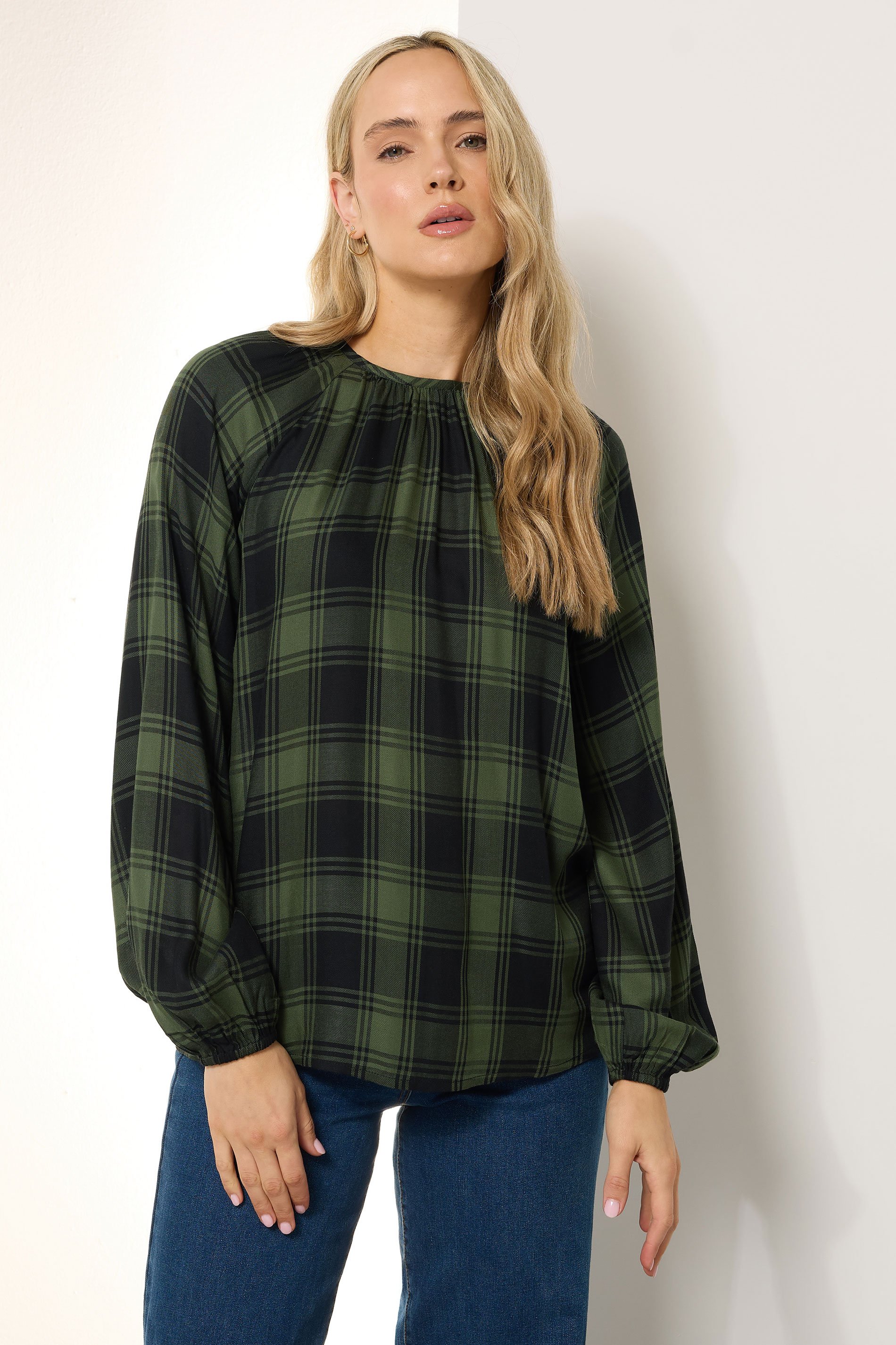 LTS Tall Khaki Green Check Balloon Sleeve Blouse | Long Tall Sally 2