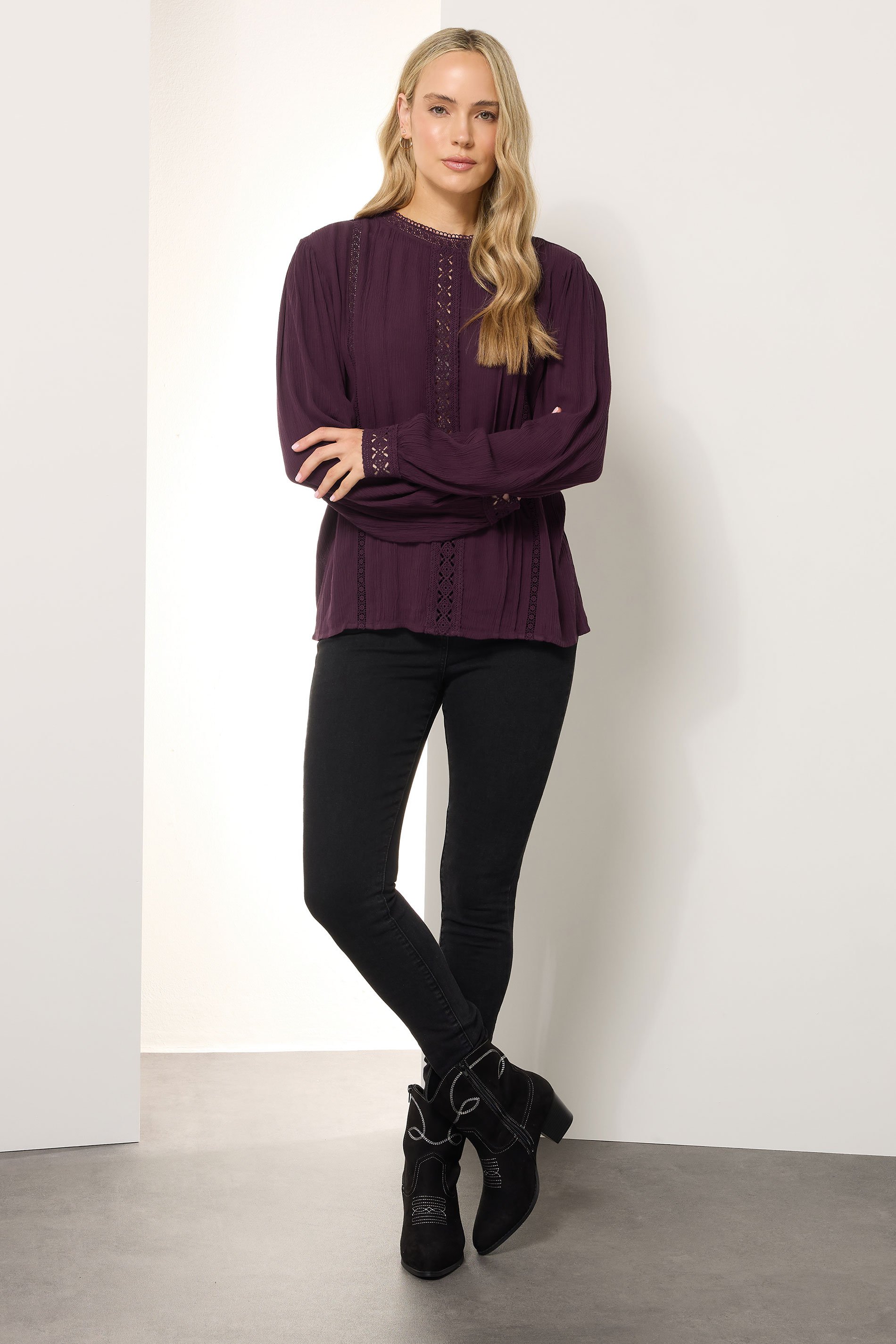 LTS Tall Purple Crinkle Lace Detail Blouse | Long Tall Sally 2