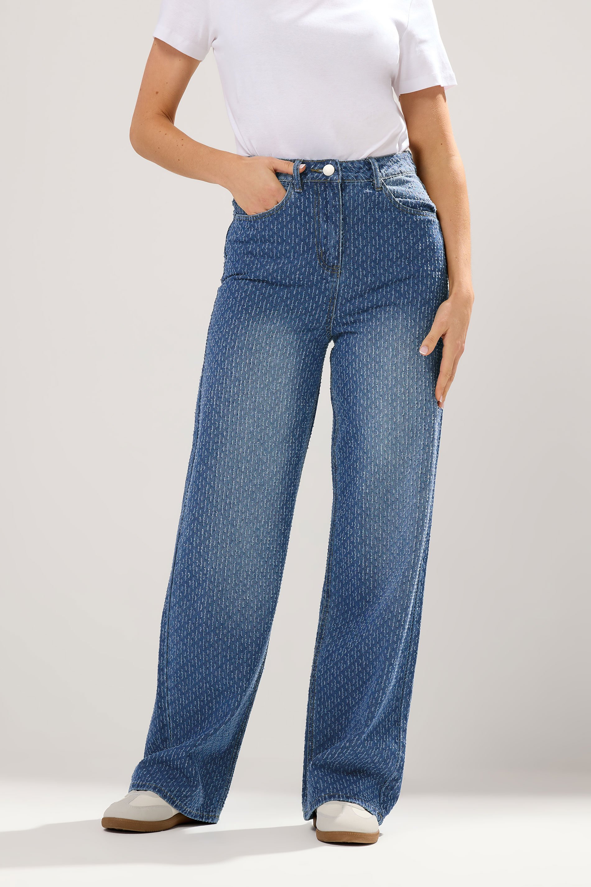 LTS Tall Mid Wash Textured Wide Leg Jeans | Long Tall Sally 3
