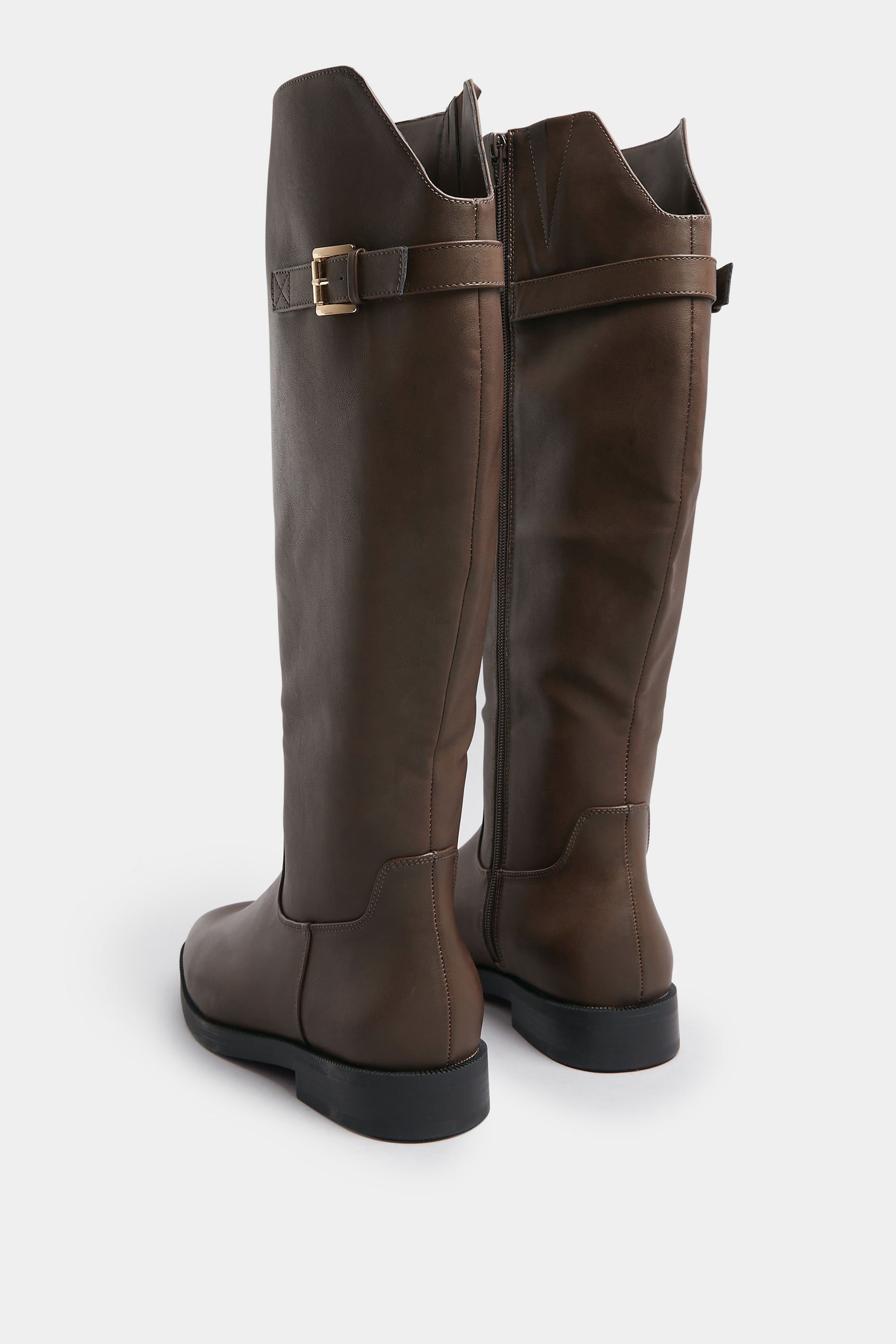 Brown Faux Leather Buckle Detail Knee High Boots In Extra Wide EEE Fit | Yours Clothing 4